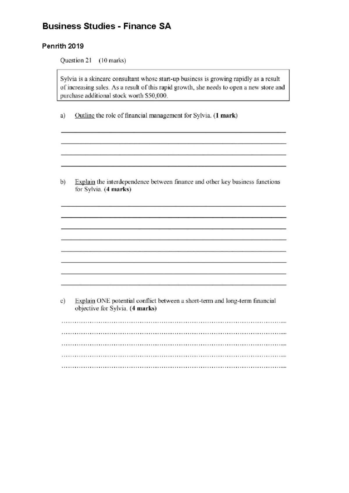 Business Studies - Finance Questions - Penrith - Studocu