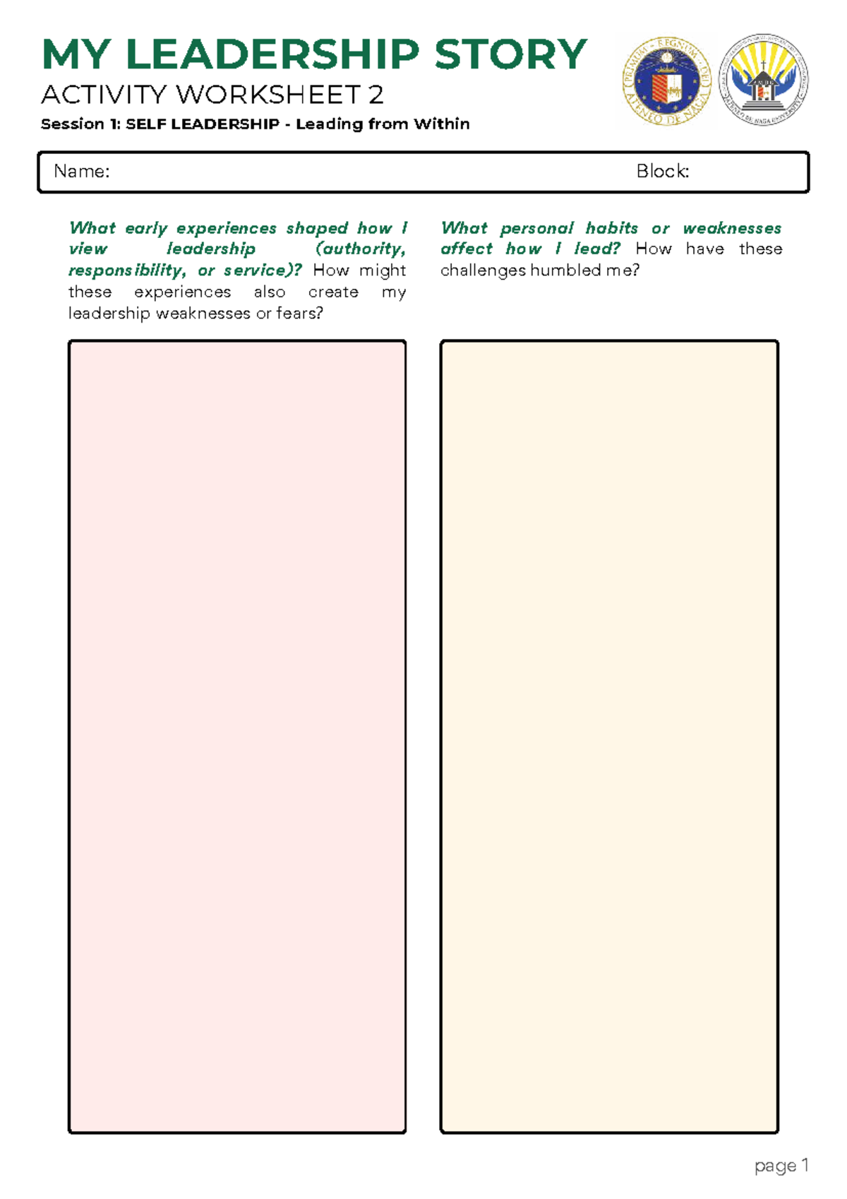 Activity Worksheet 2: My Leadership Story - Self Leadership Insights ...