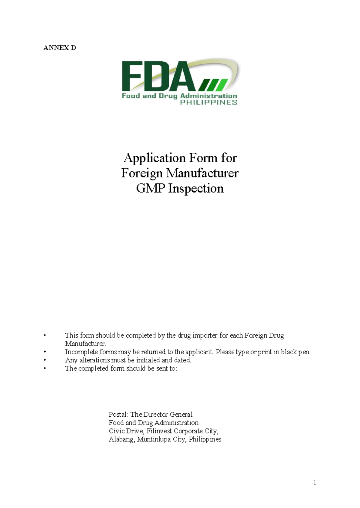 ANNEX D: GMP Inspection Application Form for Foreign Manufacturers ...