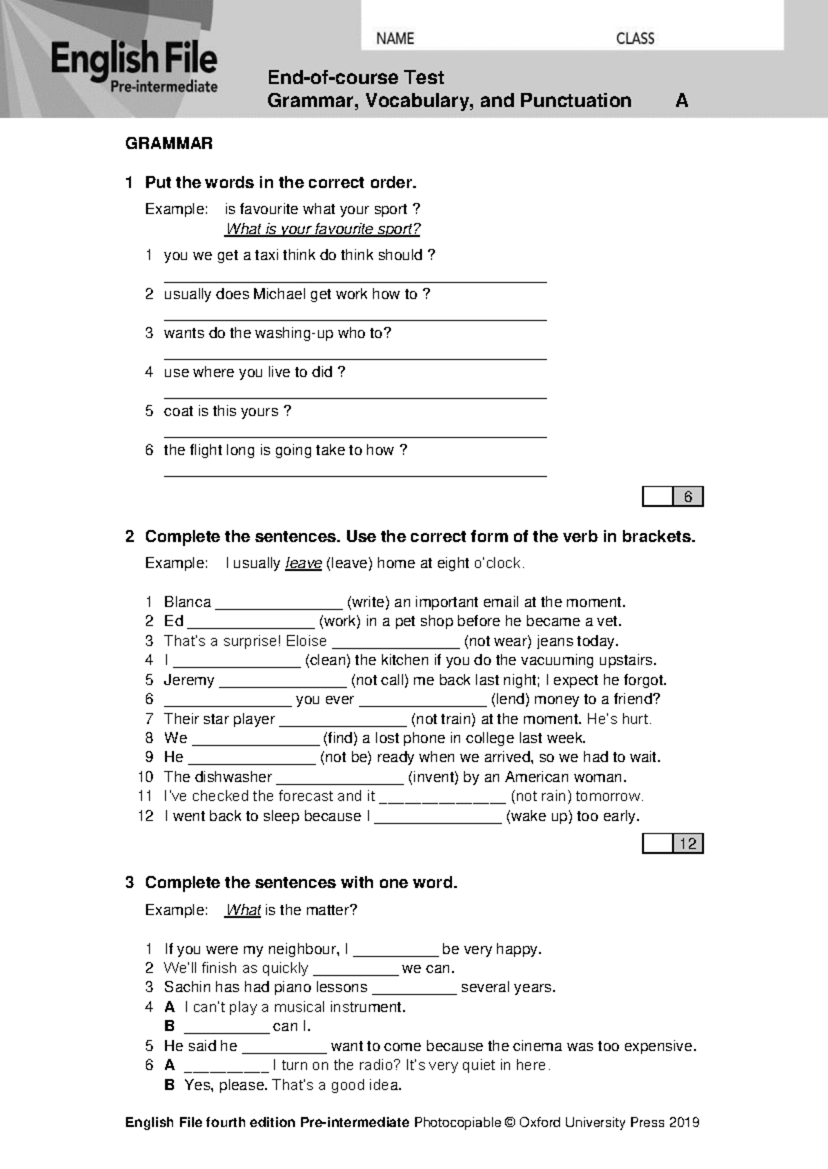 English File 4e Pre-Intermediate Test: Grammar, Vocabulary ...