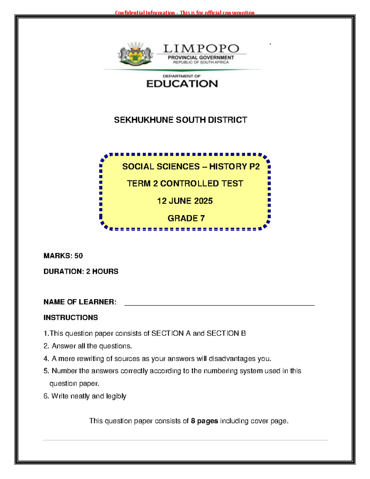 Grade 7 Social Sciences History P2 Controlled Test June 2025 - Studocu