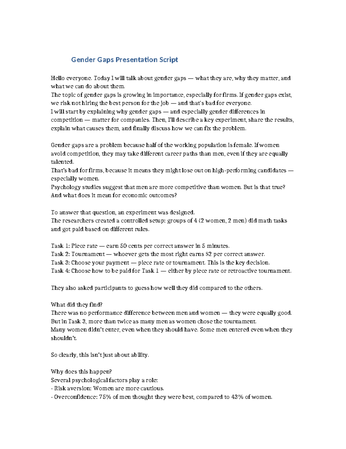 Gender Gaps Presentation Script: Understanding Competition Dynamics ...