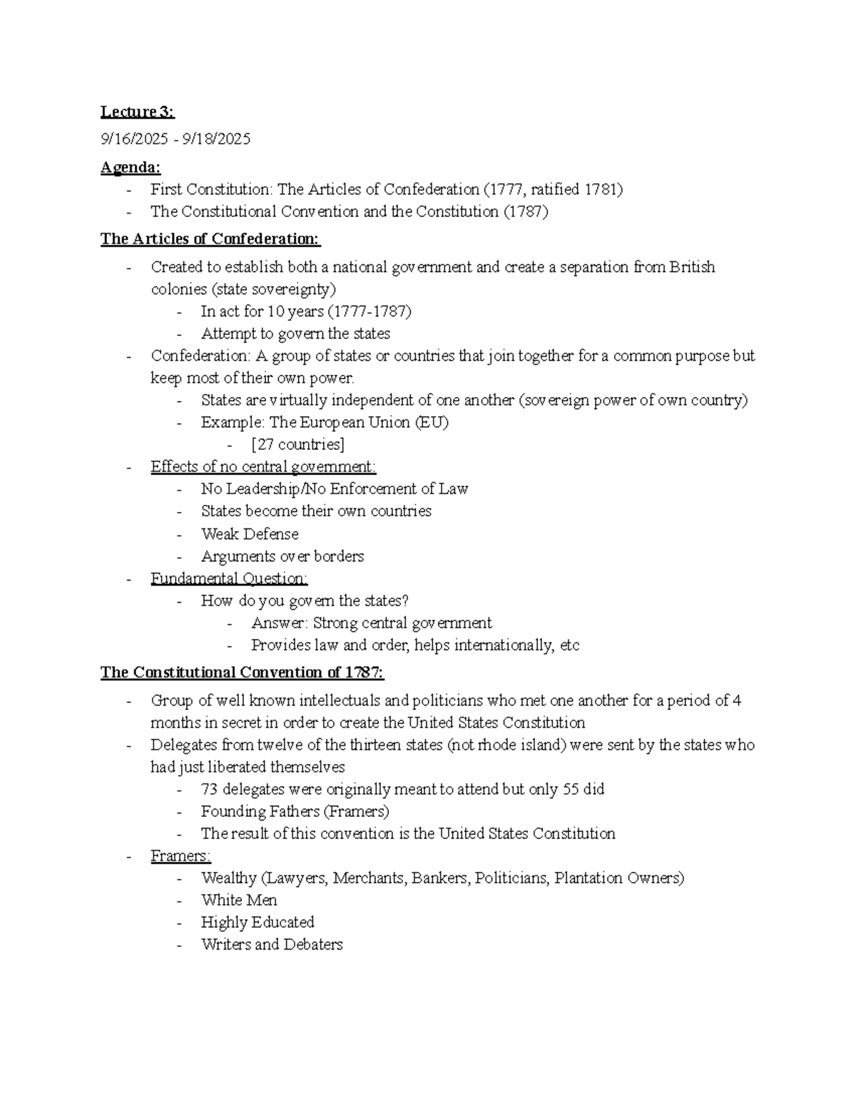 POSC 100 Lecture Notes: The Constitution & Articles of Confederation ...