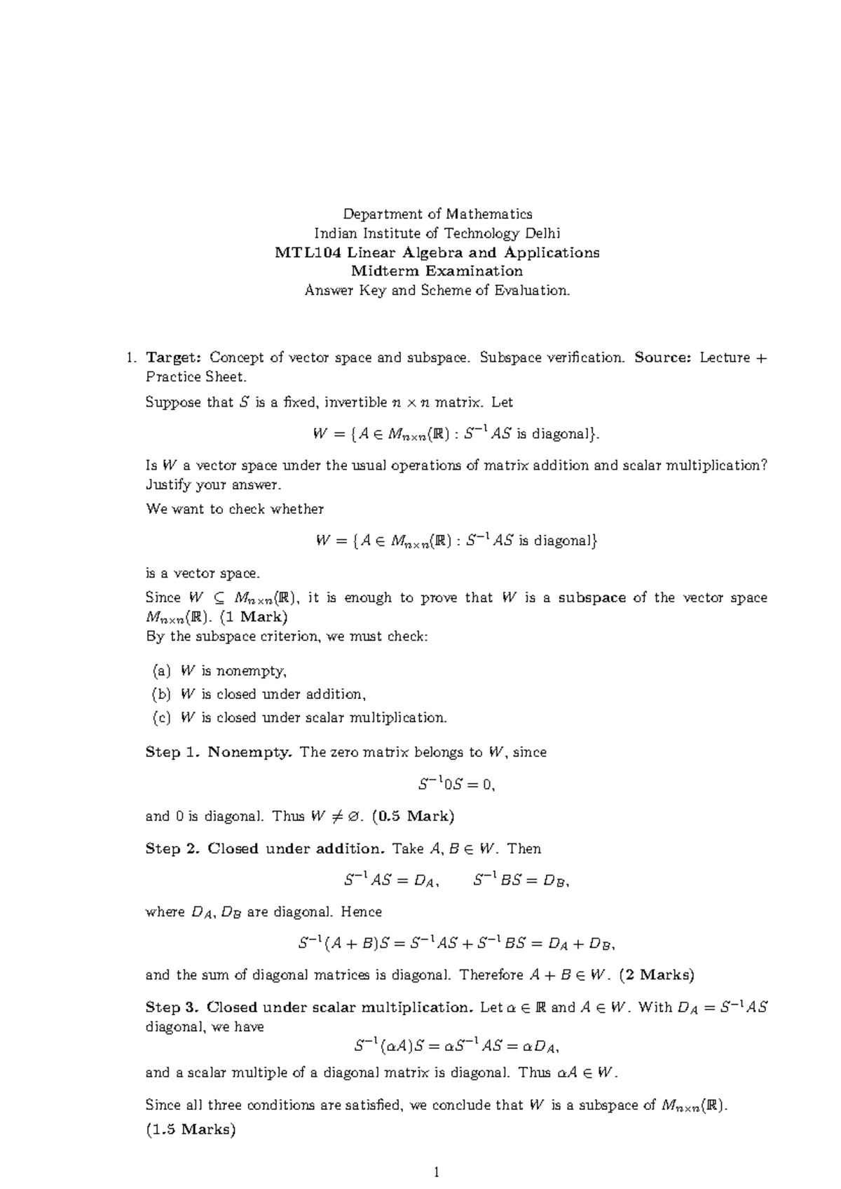 MTL104 Linear Algebra Midterm Exam Answer Key & Evaluation Scheme - Studocu
