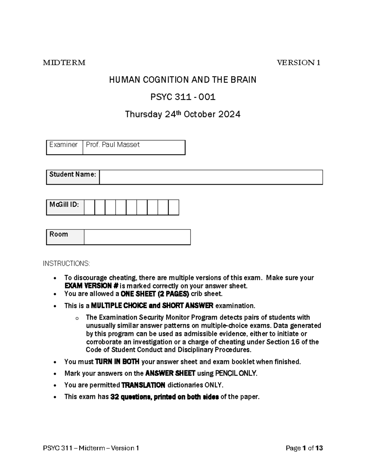 PSYC 311 Midterm Exam Version 1: Human Cognition & Brain Insights - Studocu