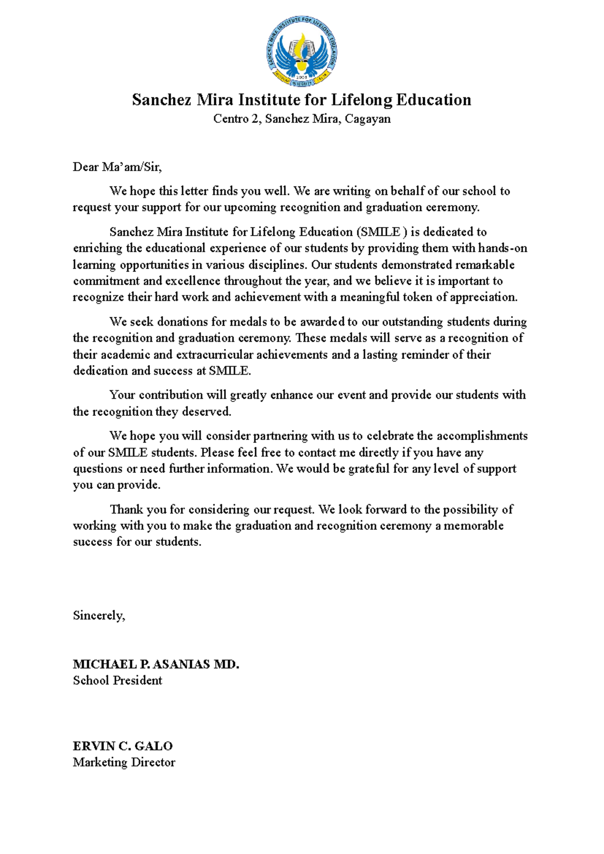Solicitation Letter for Donations: Graduation Ceremony at SMILE - Studocu