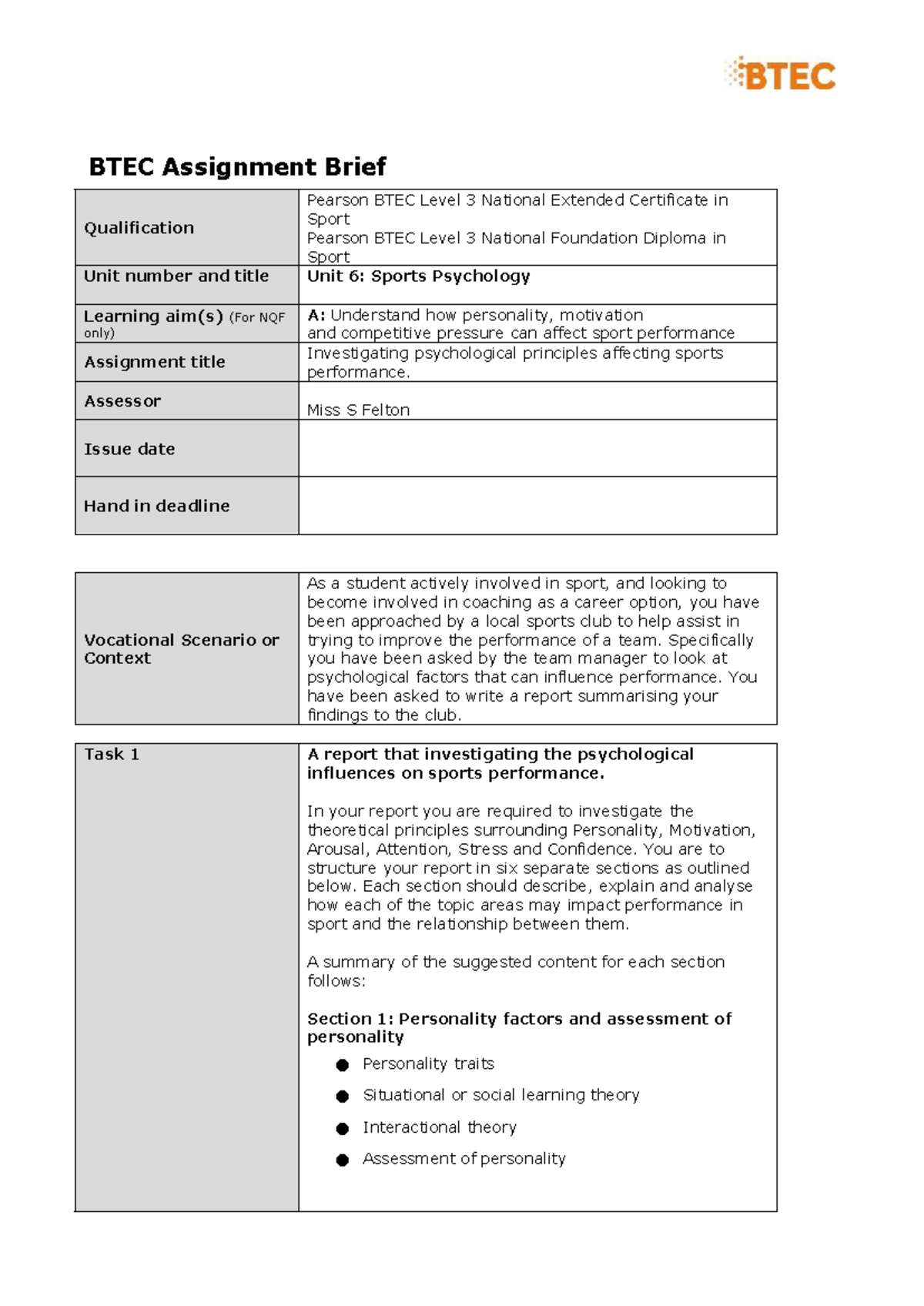 BTEC Level 3 Unit 6 Assignment: Investigating Sports Psychology Factors ...