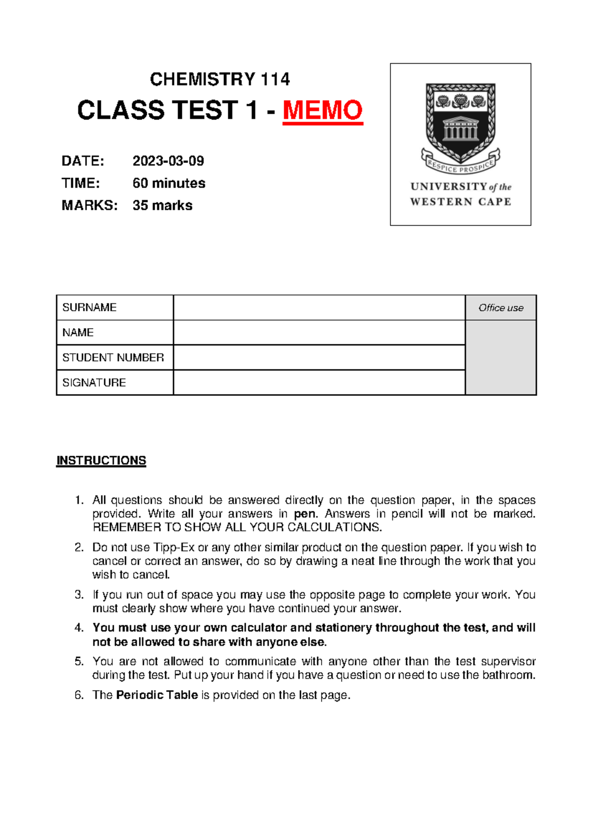 CHEMISTRY 114 CLASS TEST 1 - MEMO (2023) - Document Preview