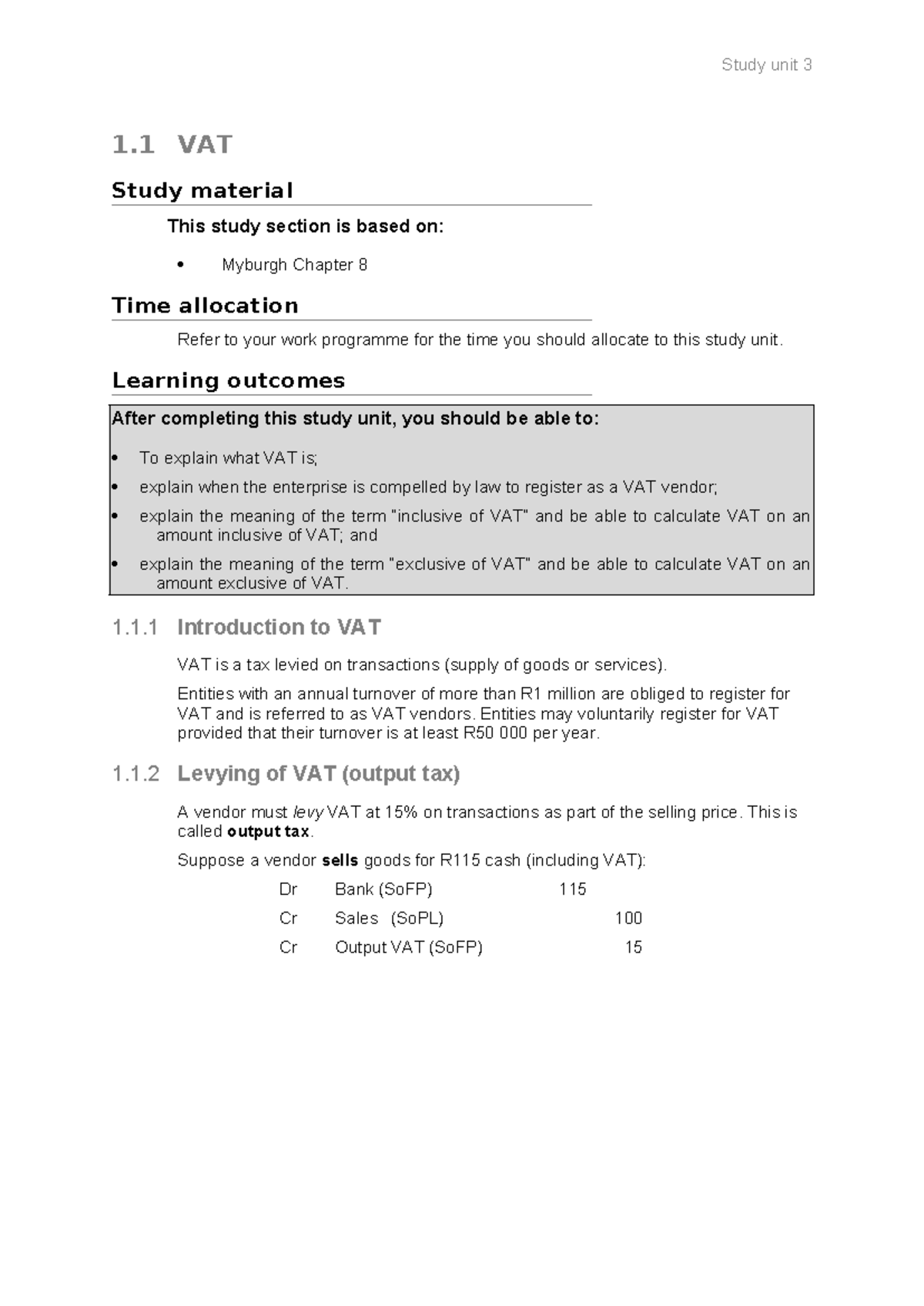 Study unit 3: Understanding VAT concepts and calculations - Studocu
