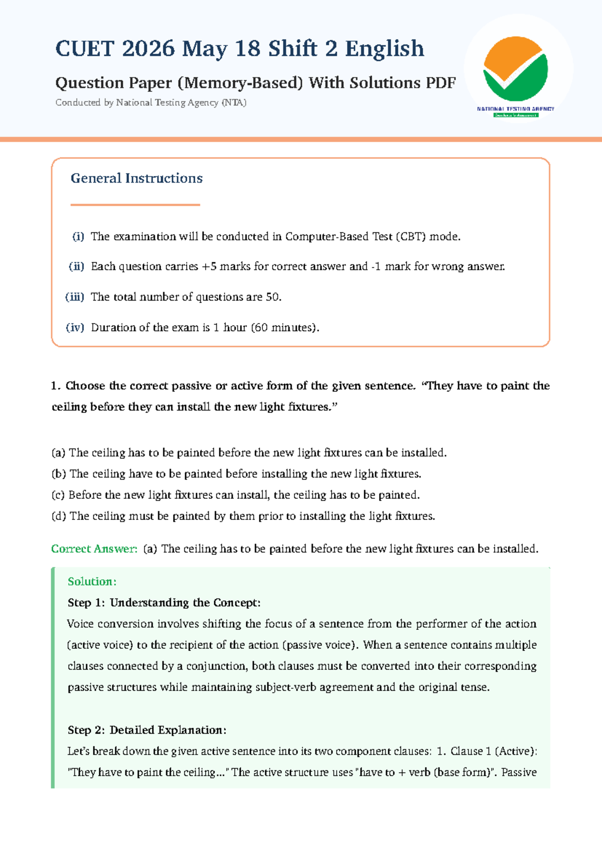 CUET 2026 May 18 Shift 2 English Question Paper & Solutions PDF - Studocu