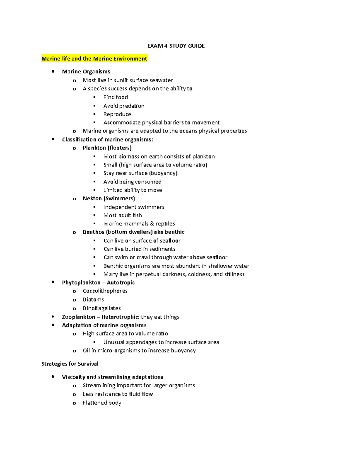 EXAM 4 Study Guide - OCNG251 - EXAM 4 STUDY GUIDE Marine life and the ...