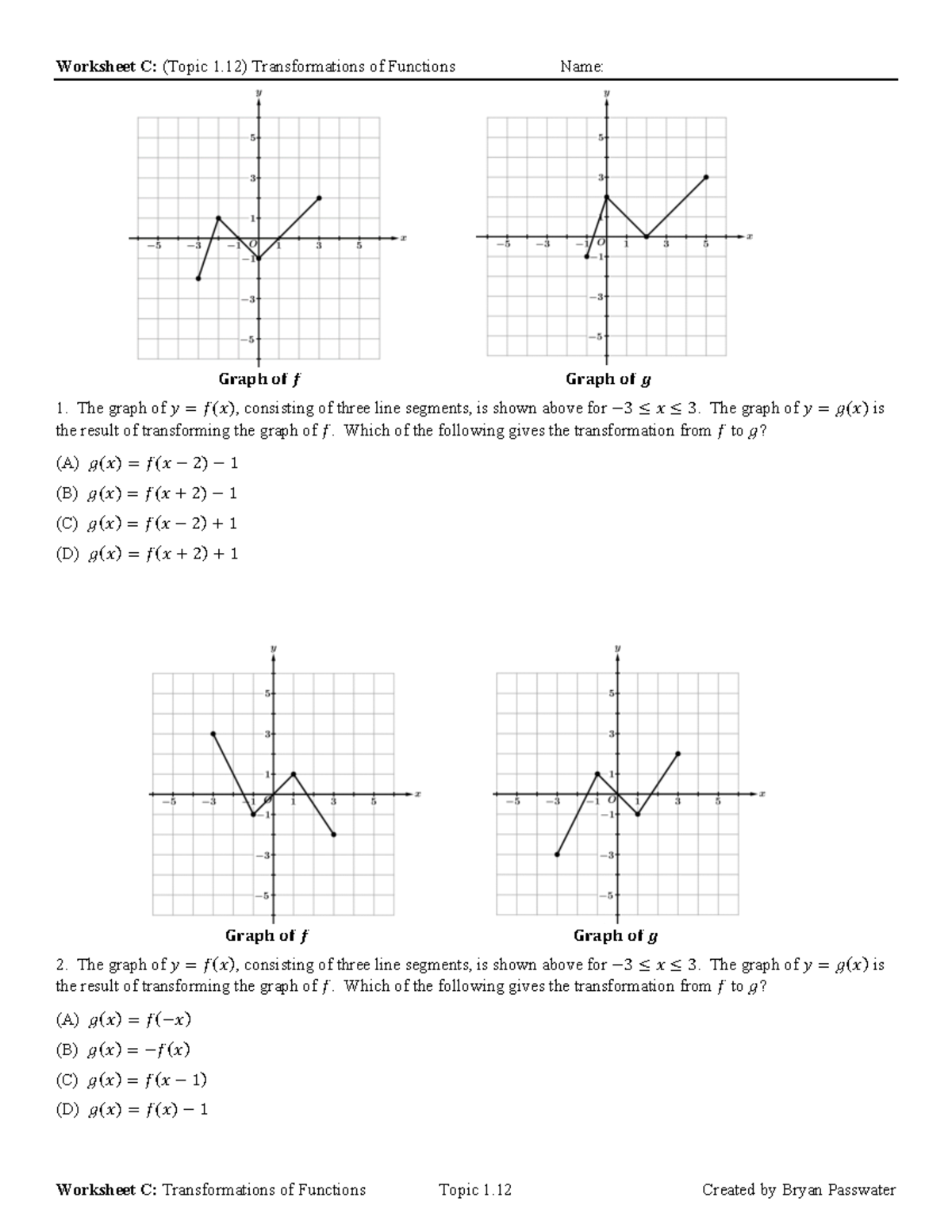 Worksheet C: Topic 1.12 Transformations of Functions AP MC Practice ...