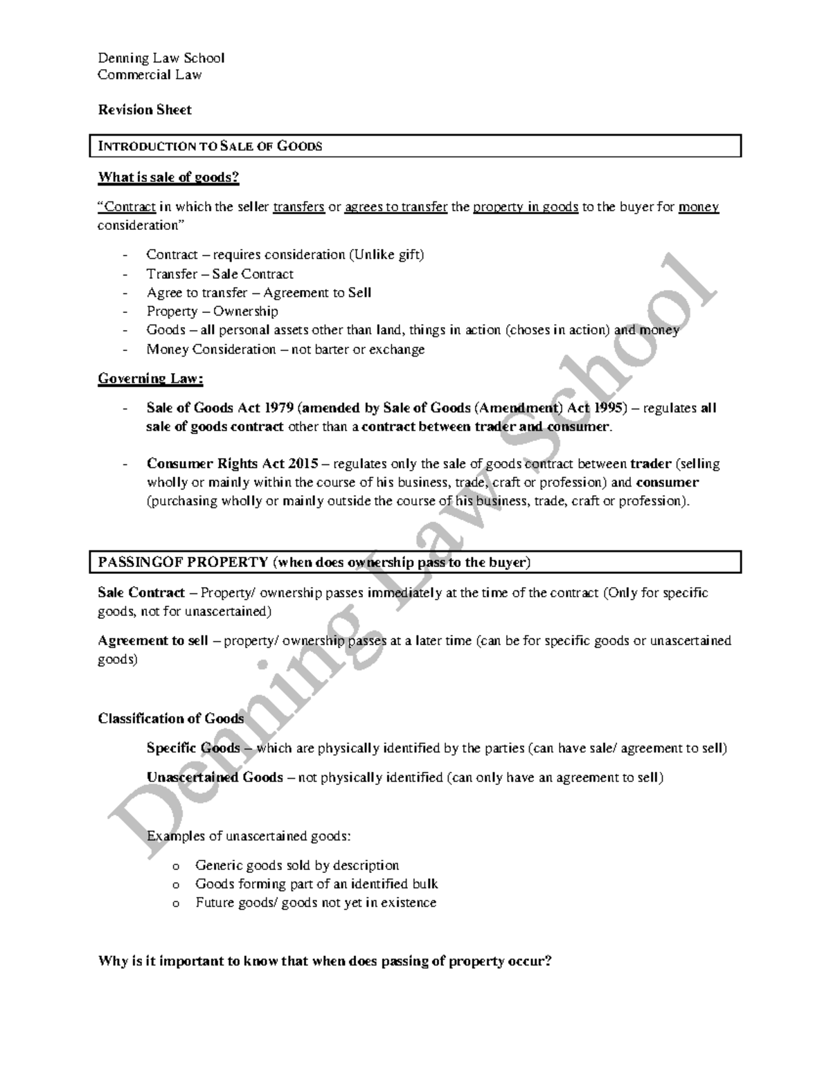 Revision Sheet - Passing of Property - Commercial Law Revision Sheet ...