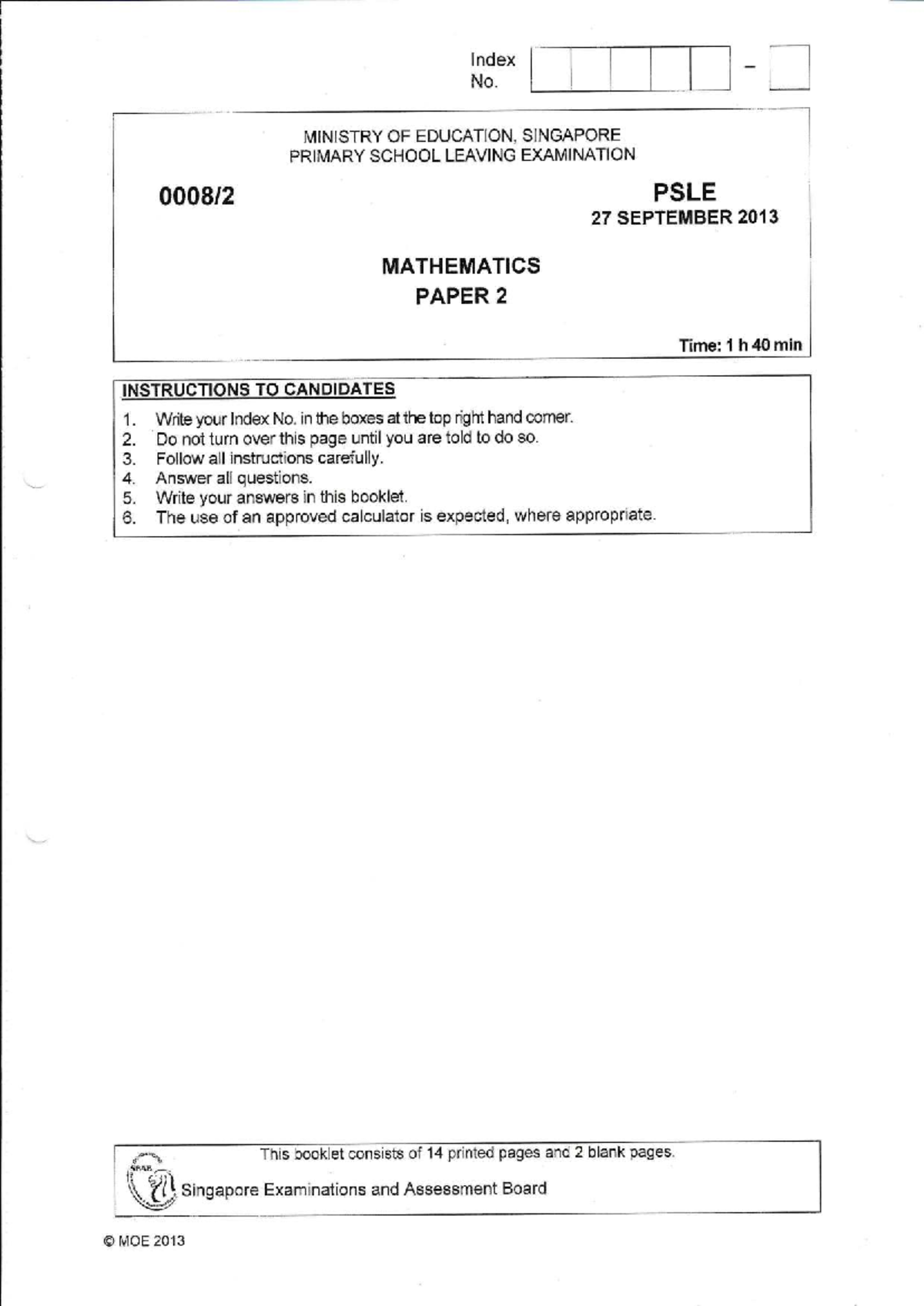PSLE 2013 Mathematics Paper 2 - Study Guide - Studocu