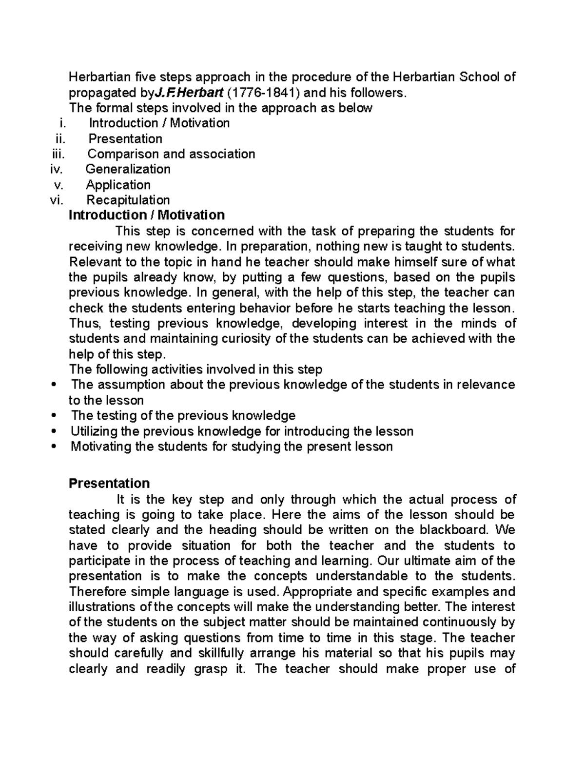 Herbartian Lesson Plan: A Five-Step Teaching Approach - Studocu