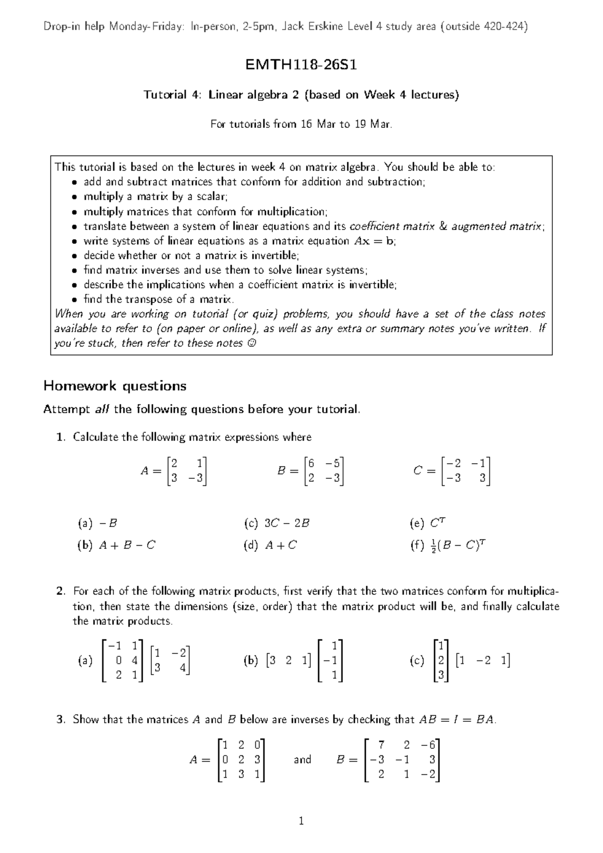 EMTH118 S1 Tutorial 04: Matrix Algebra Questions and Solutions - Studocu