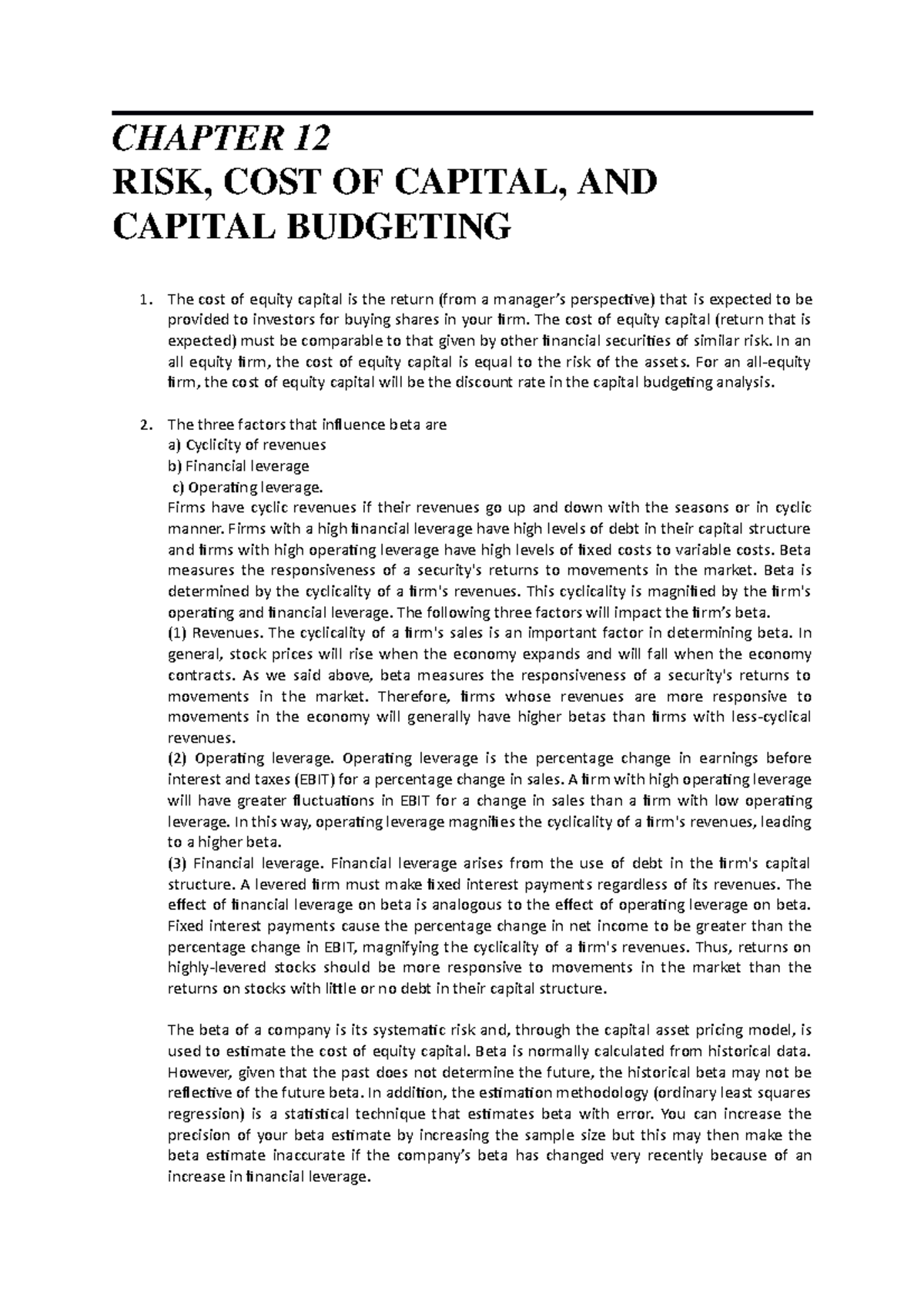 Chapter 12 Solutions: Risk, Cost of Capital & Capital Budgeting ...