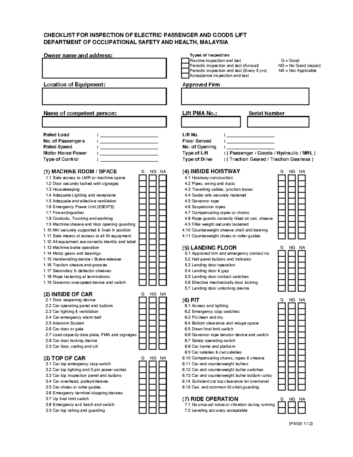 Elevator Inspection Checklist - DOSH Malaysia (Lecture) - Studocu