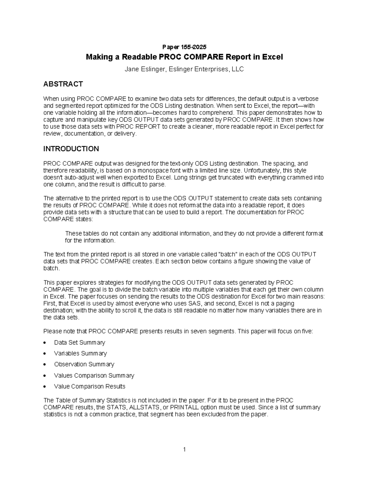 WUSS 2025 Paper: Enhancing PROC COMPARE Output for Excel Readability ...