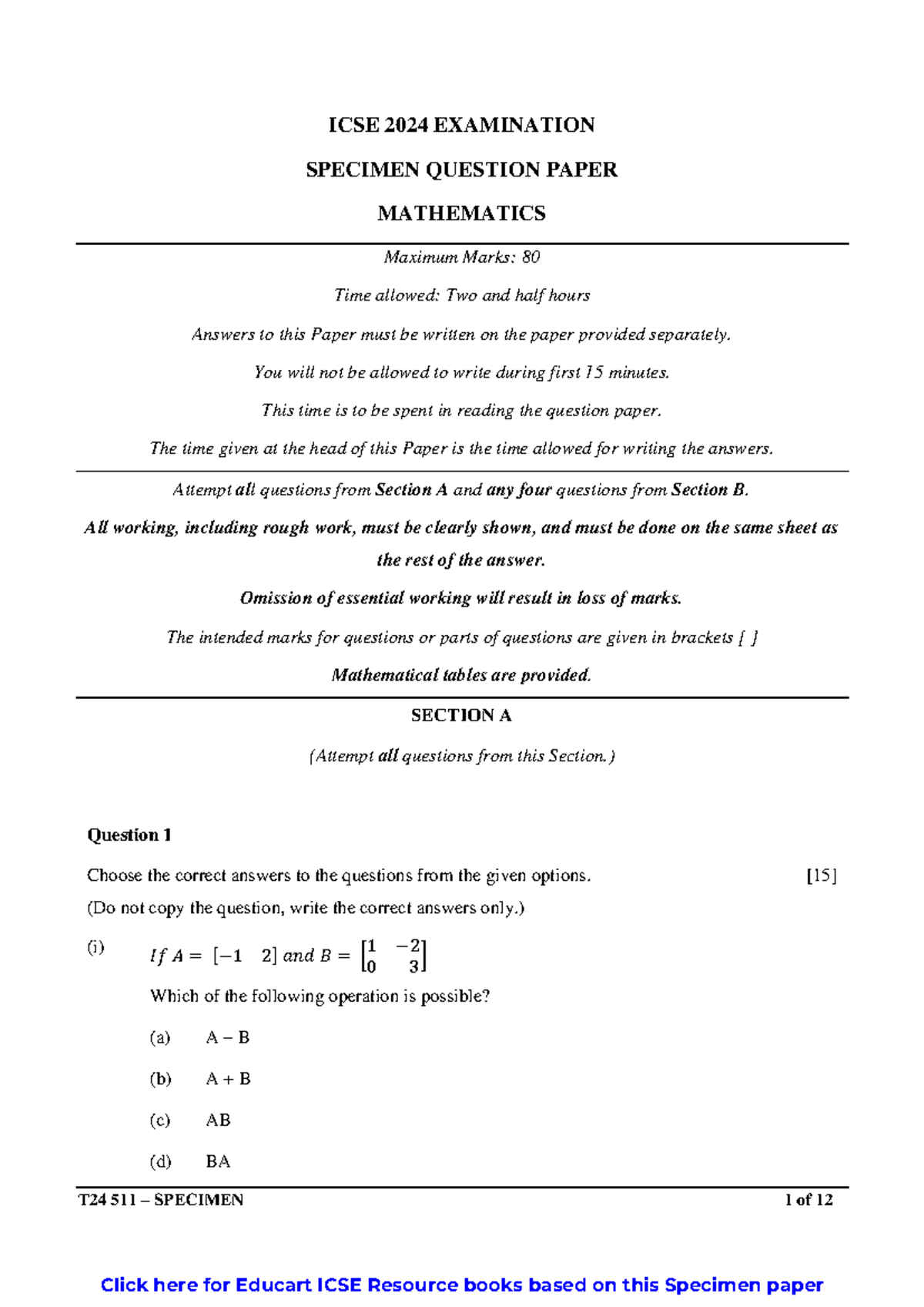 ICSE 2024 Specimen Question Paper - Mathematics T24 511 - Studocu