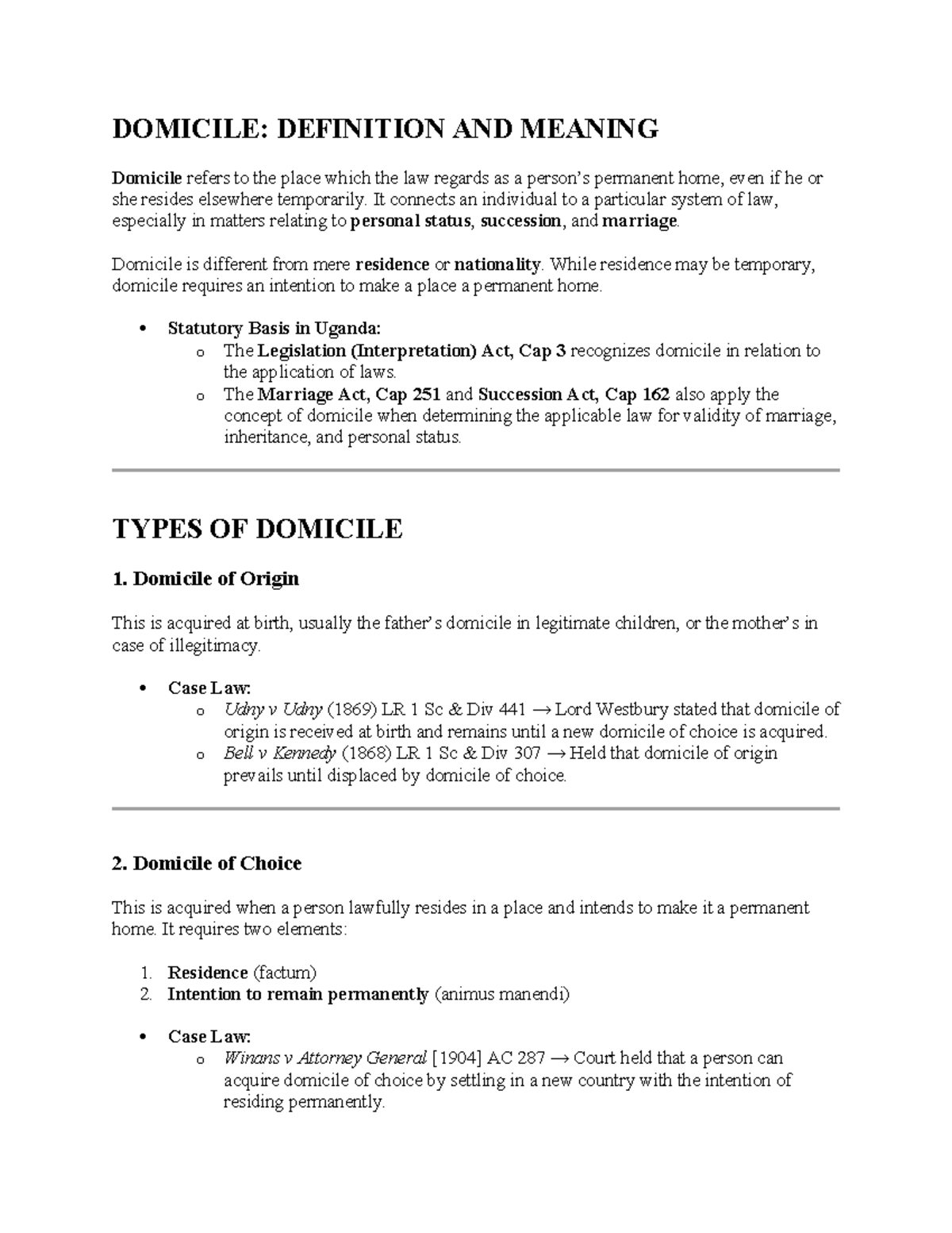 Domicile: Definition, Types, and Legal Implications in Uganda - Studocu