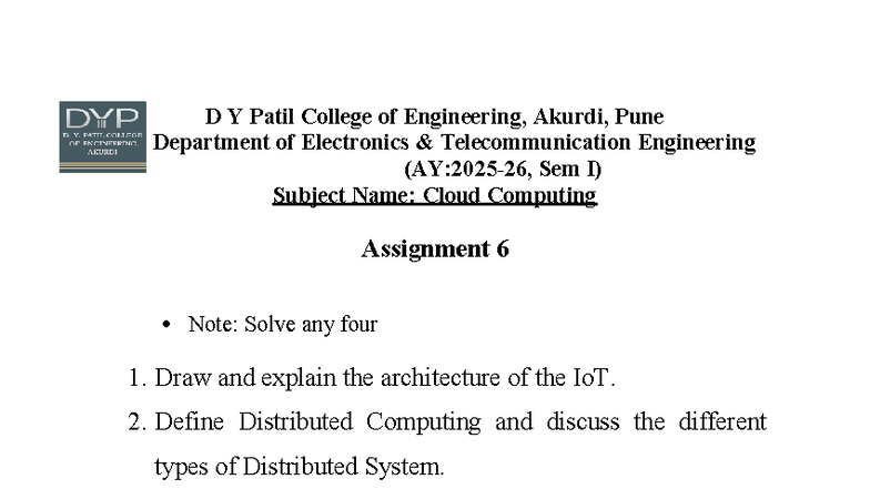 CC Sem I Assignment 6: IoT Architecture & Distributed Computing - Studocu