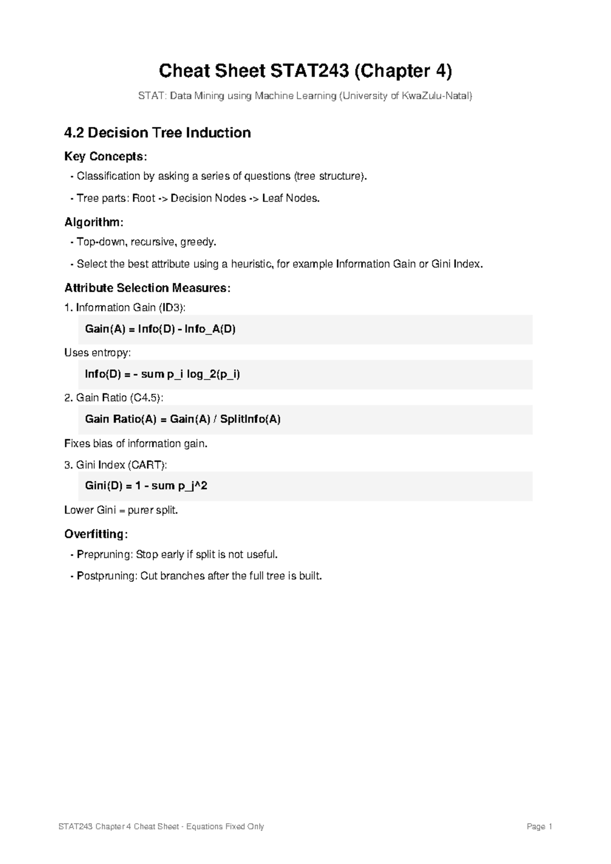 STAT243 Cheat Sheet: Chapter 4 - Decision Tree Induction - Studocu