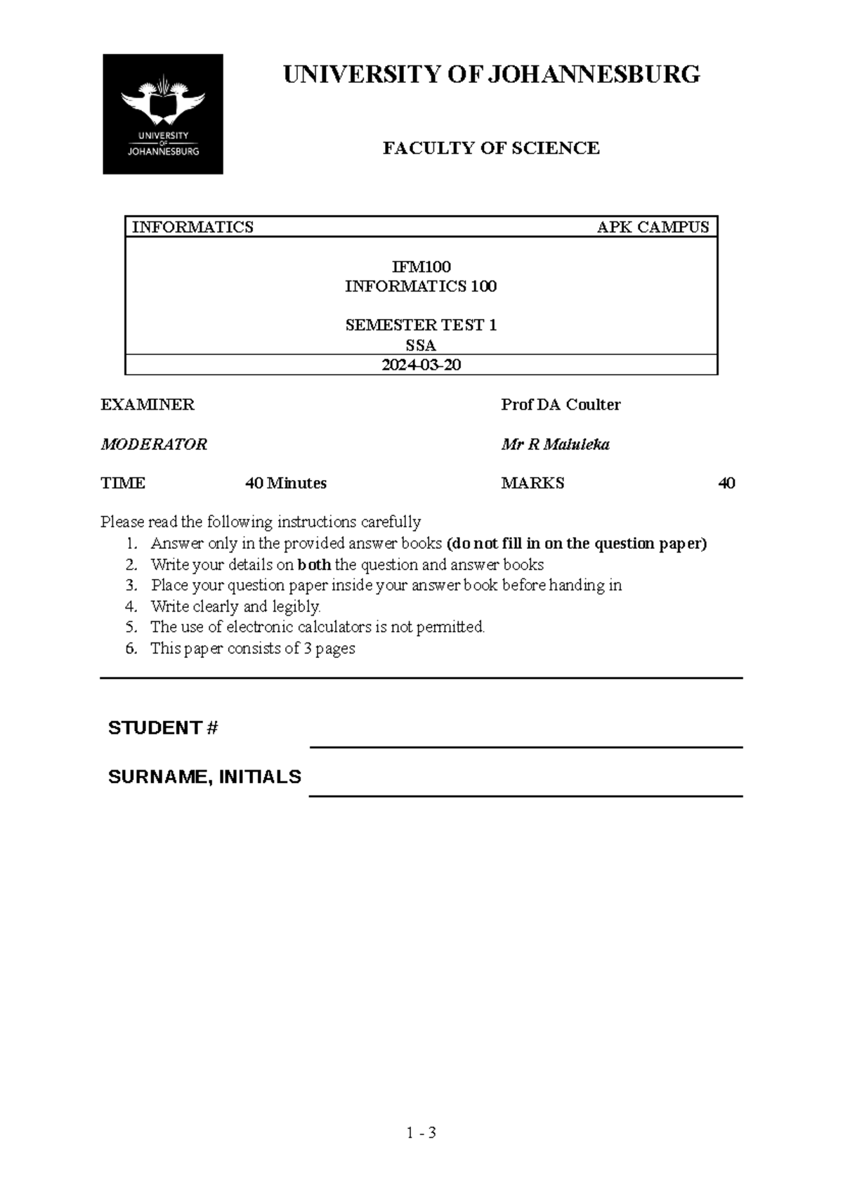 IFM100 2024 ST1 SSA - SEMESTER TEST 1 PAST PAPER AND QUESTIONS - Studocu