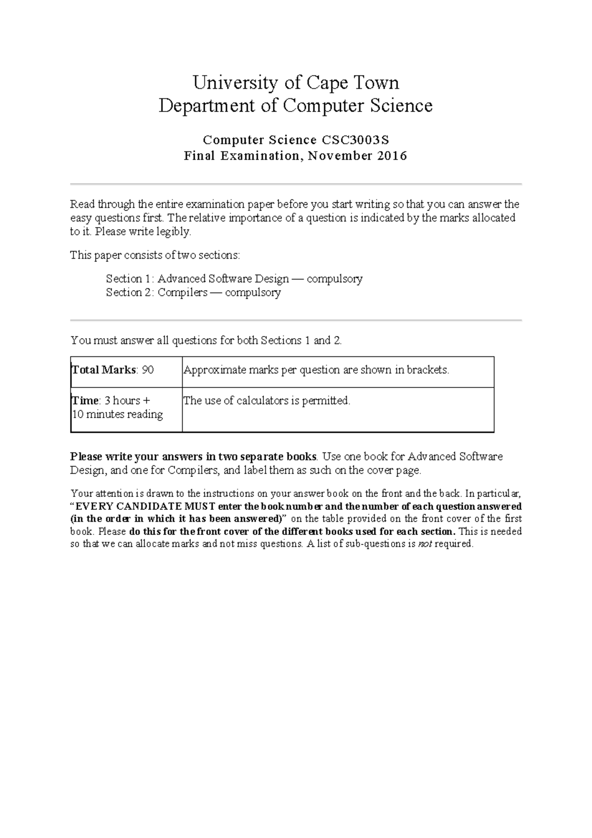 CSC3003S Final Exam - Computer Science - Nov 2016 - Studocu