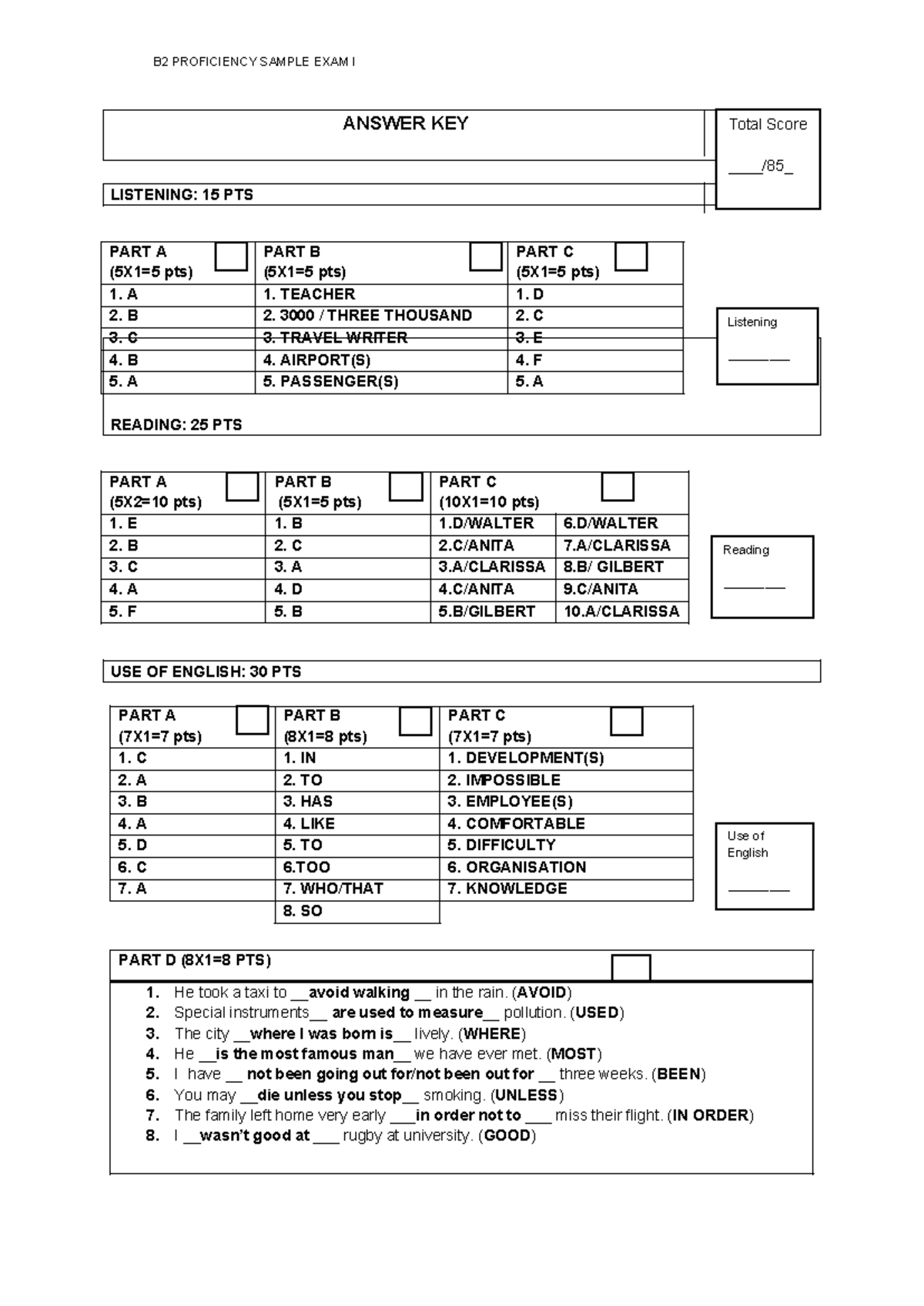B2 Proficiency Sample Exam 1 Answer Key - B2 PROFICIENCY SAMPLE EXAM I ...