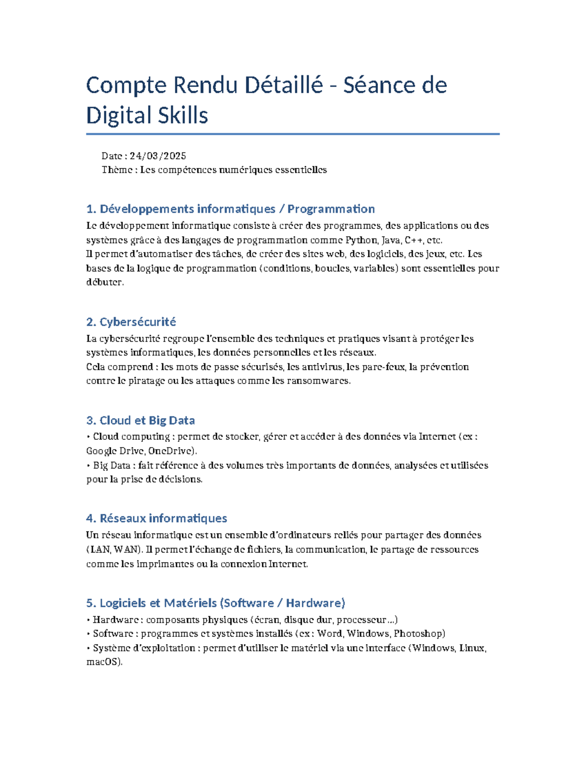 Compte Rendu Digital Skills 24 03 2025 - Compte Rendu Détaillé - Séance ...