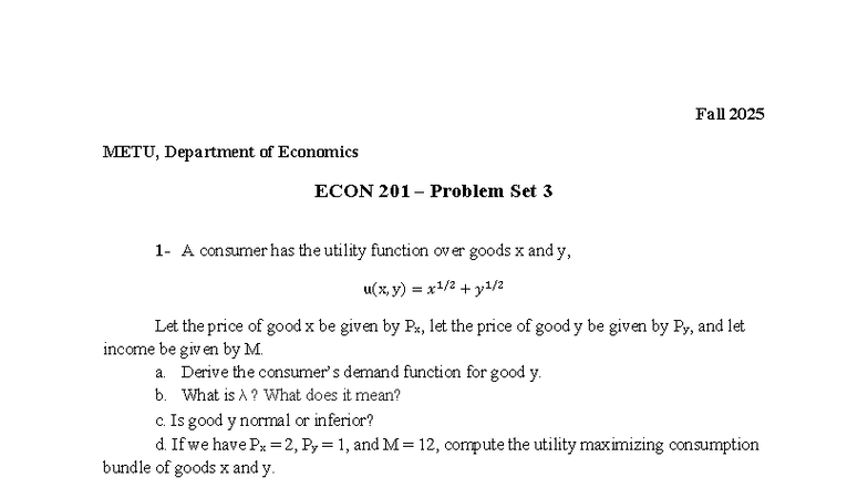 Fall 2025 ECON 201 Problem Set 3 Solutions on Consumer Utility - Studocu