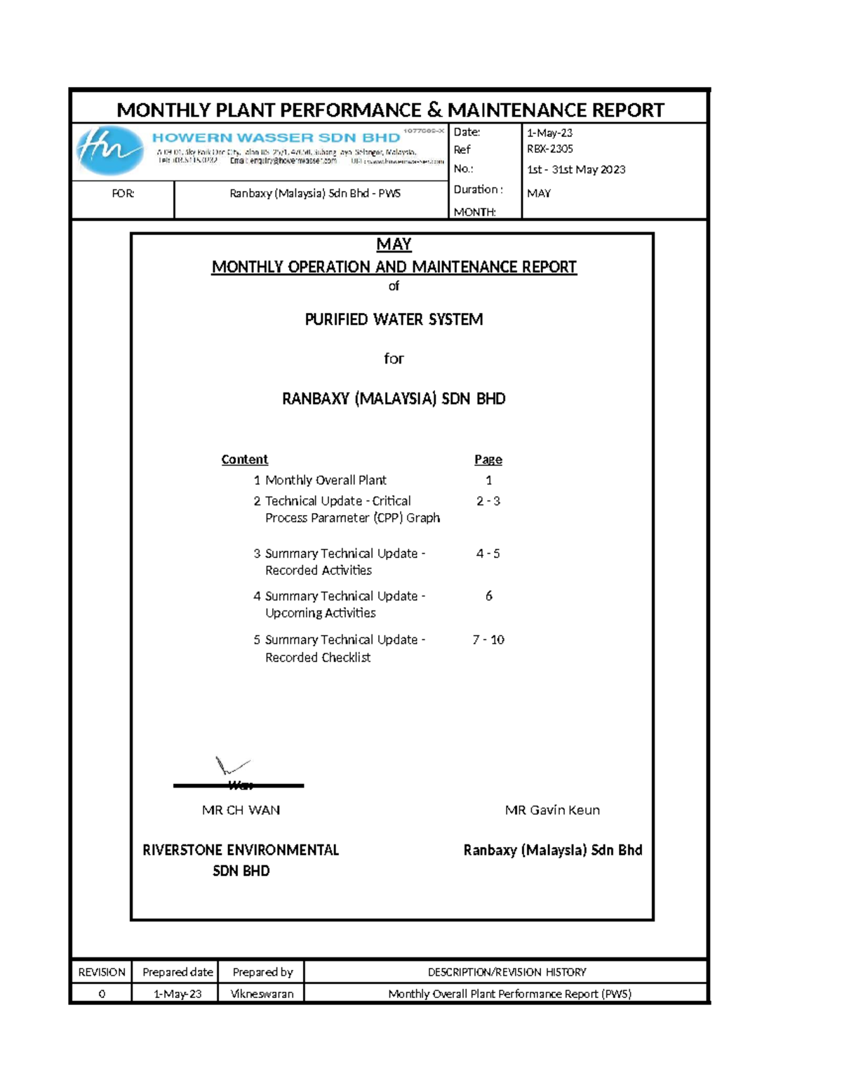 MAY 2023 Monthly O&M Report for PWS at Ranbaxy (Malaysia) Sdn Bhd - Studocu