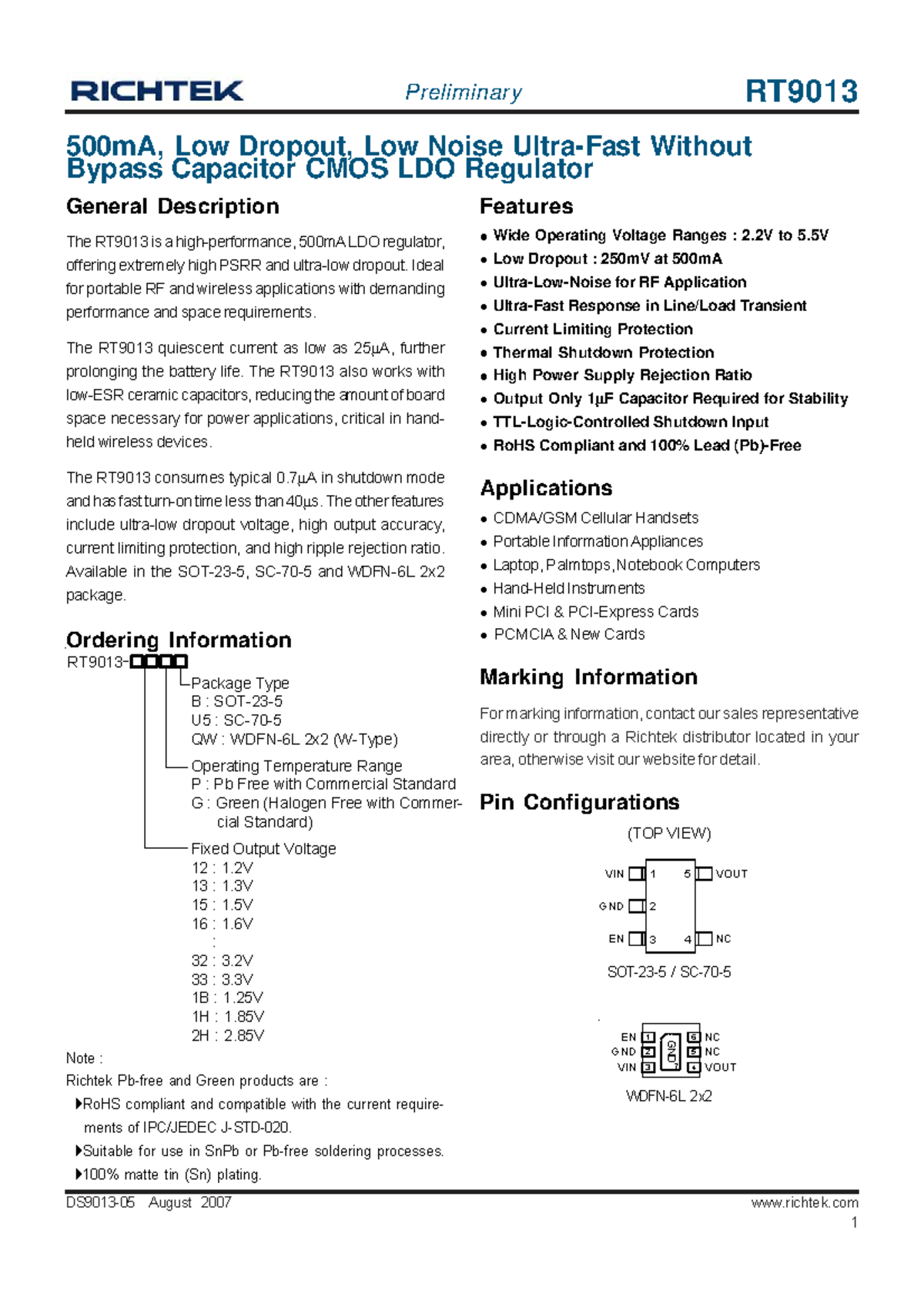 RT9013 Preliminary Overview of 500mA Low Dropout CMOS LDO Regulator ...