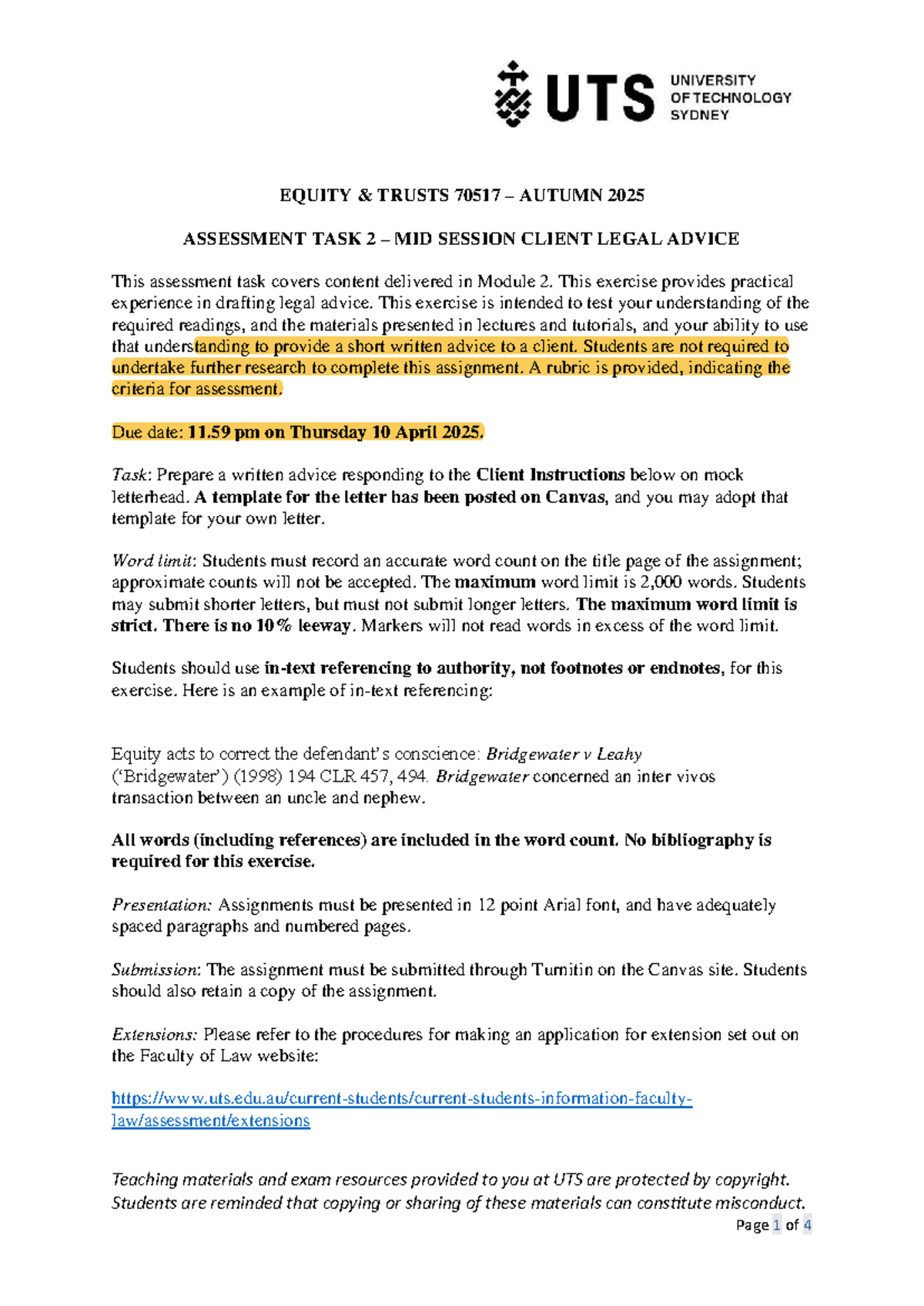 EQUITY TRUSTS 70517 AUTUMN 2025 ASSESSMENT TASK 2 CLIENT LEGAL ADVICE ...