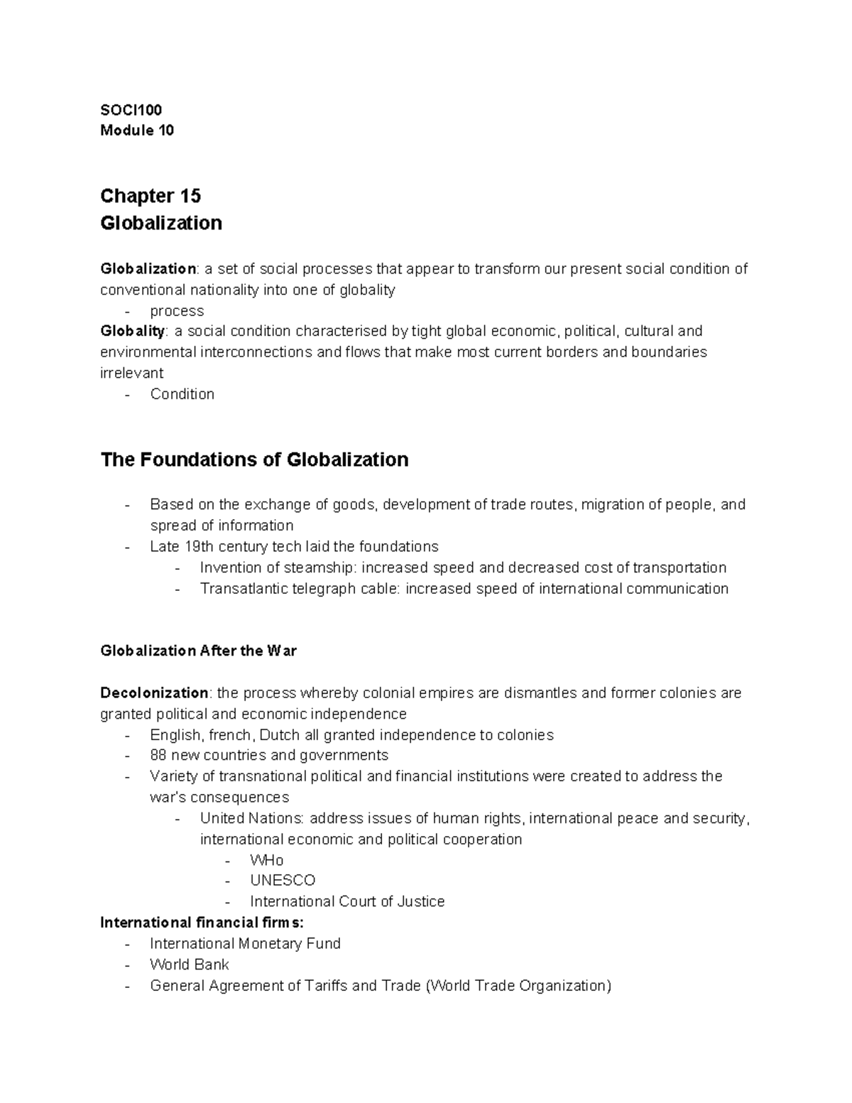 SOCI100 Module 10 - Chapter 15 Globalization - SOCI Module 10 Chapter ...
