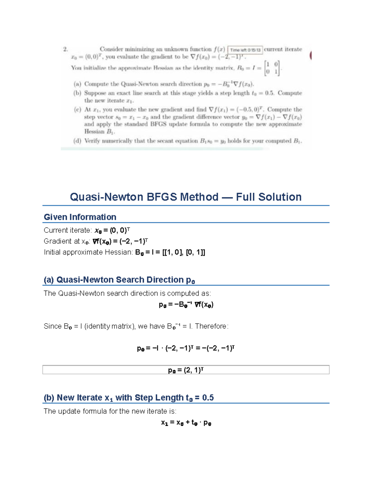 BFGS Method Full Solution - Q2 Analysis and Iteration Steps - Studocu