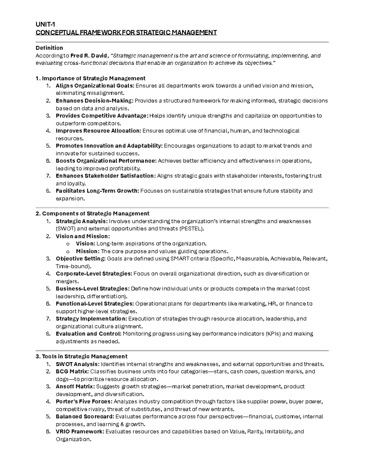 Strategic Management Concepts and Frameworks in Business (SM Notes ...