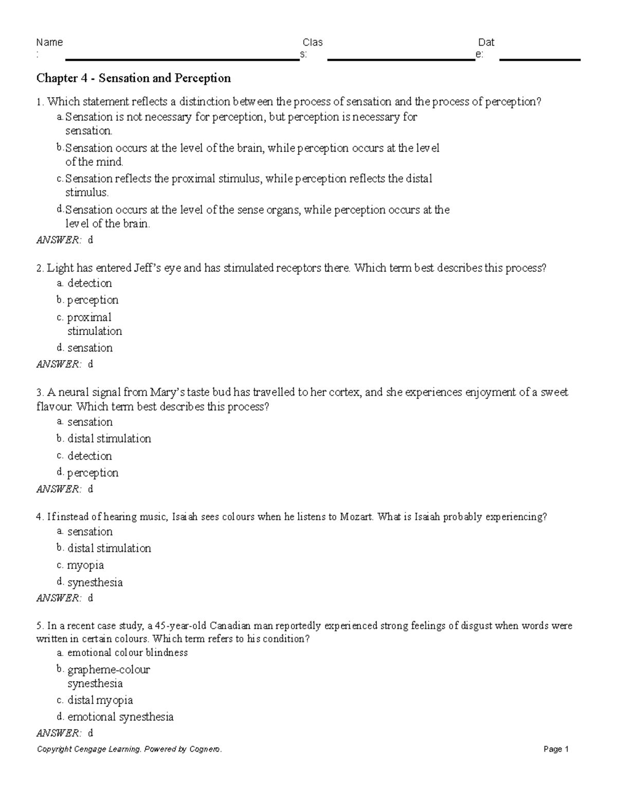 Chapter 4 Sensation and Perception - Chapter 4 - Sensation and ...