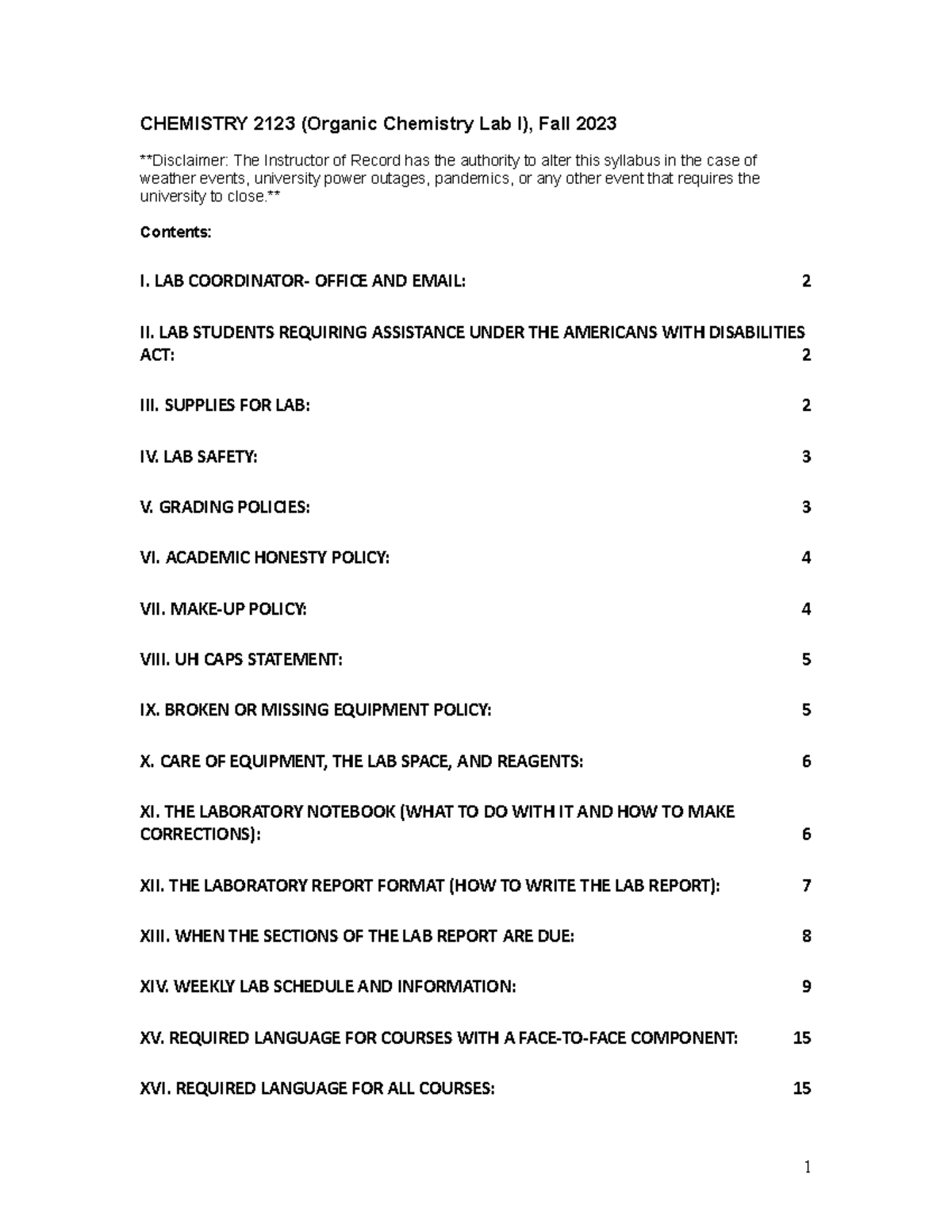 Chem 2123 Fall 2023 Organic Chemistry Lab Syllabus & Guidelines - Studocu
