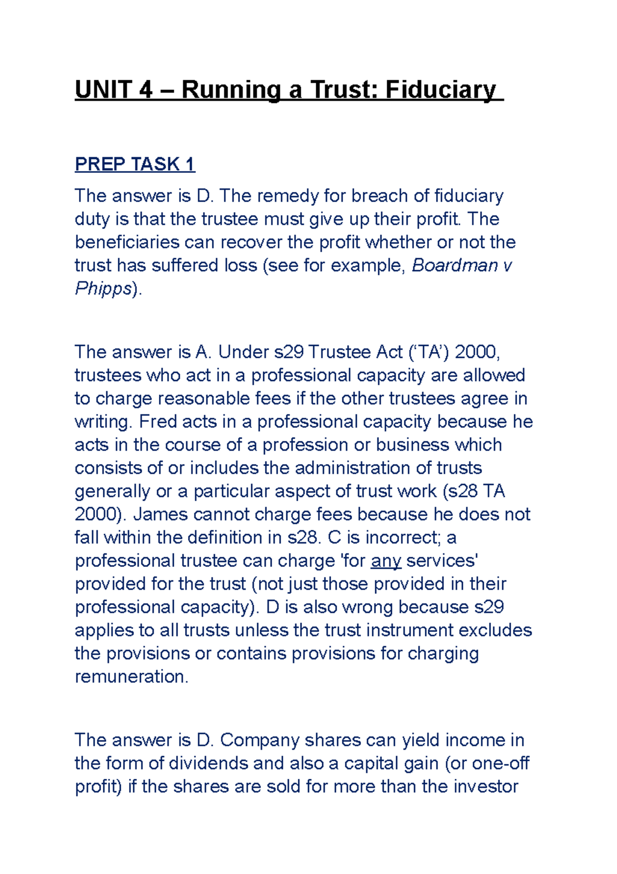 UNIT 4 Essay - Understanding Fiduciary Duties and Trust Law - Studocu