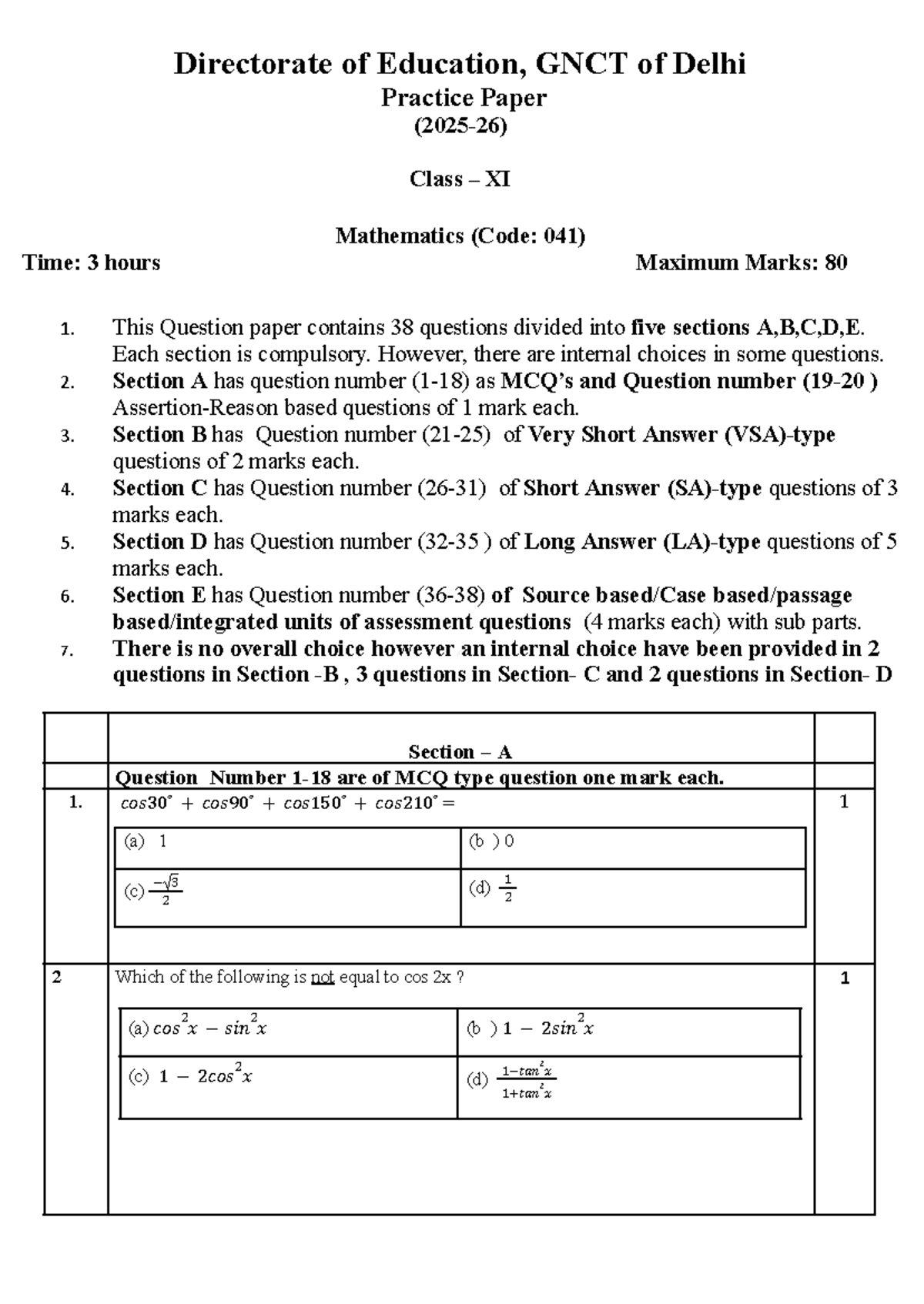 Class XI Mathematics Practice Paper (Code: 041) - Annual Exam 2025 ...