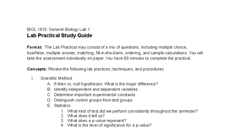 BIOL 1615: General Biology Lab 1 Practical Study Guide - Studocu
