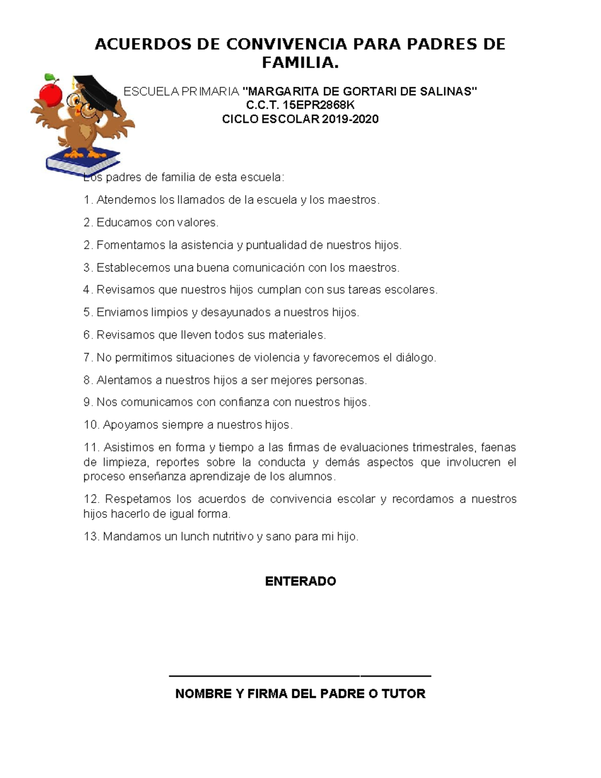 Acuerdos de Convivencia para Padres de Familia - Escuela Gortari C.C.T ...