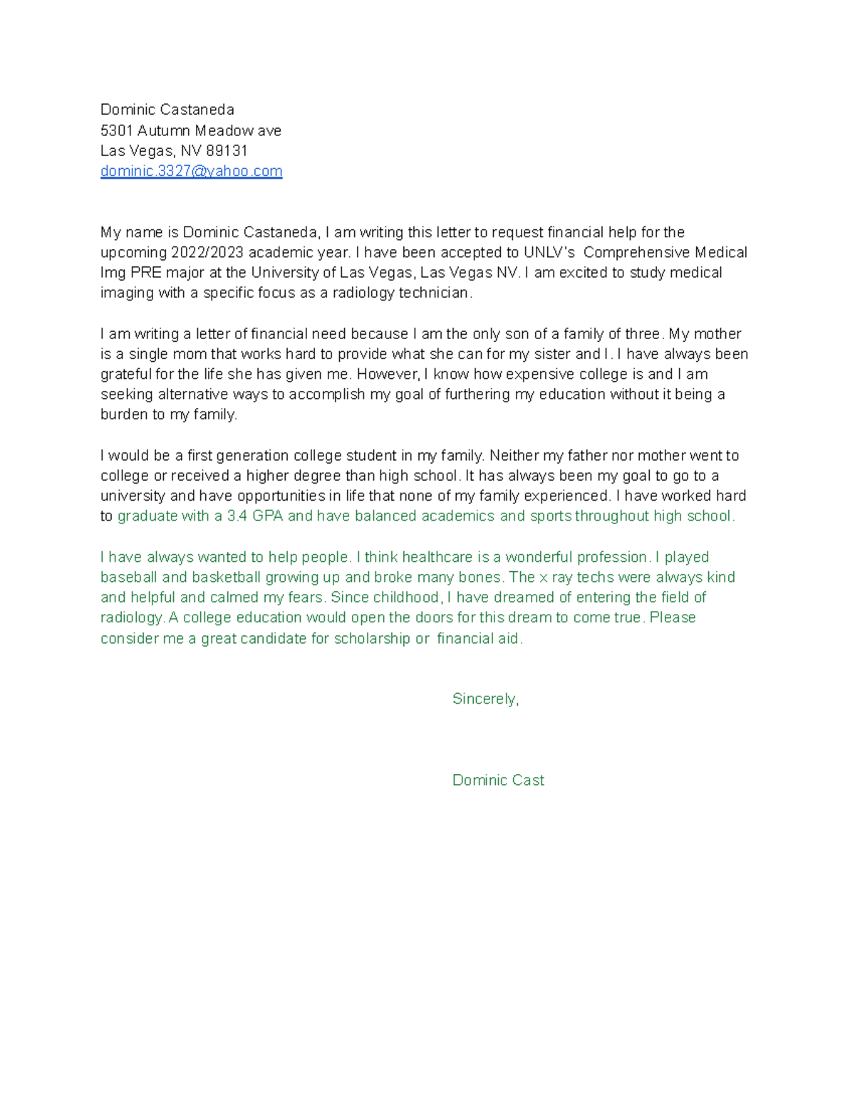 Financial Aid Request Letter by Dominic Castaneda - Studocu