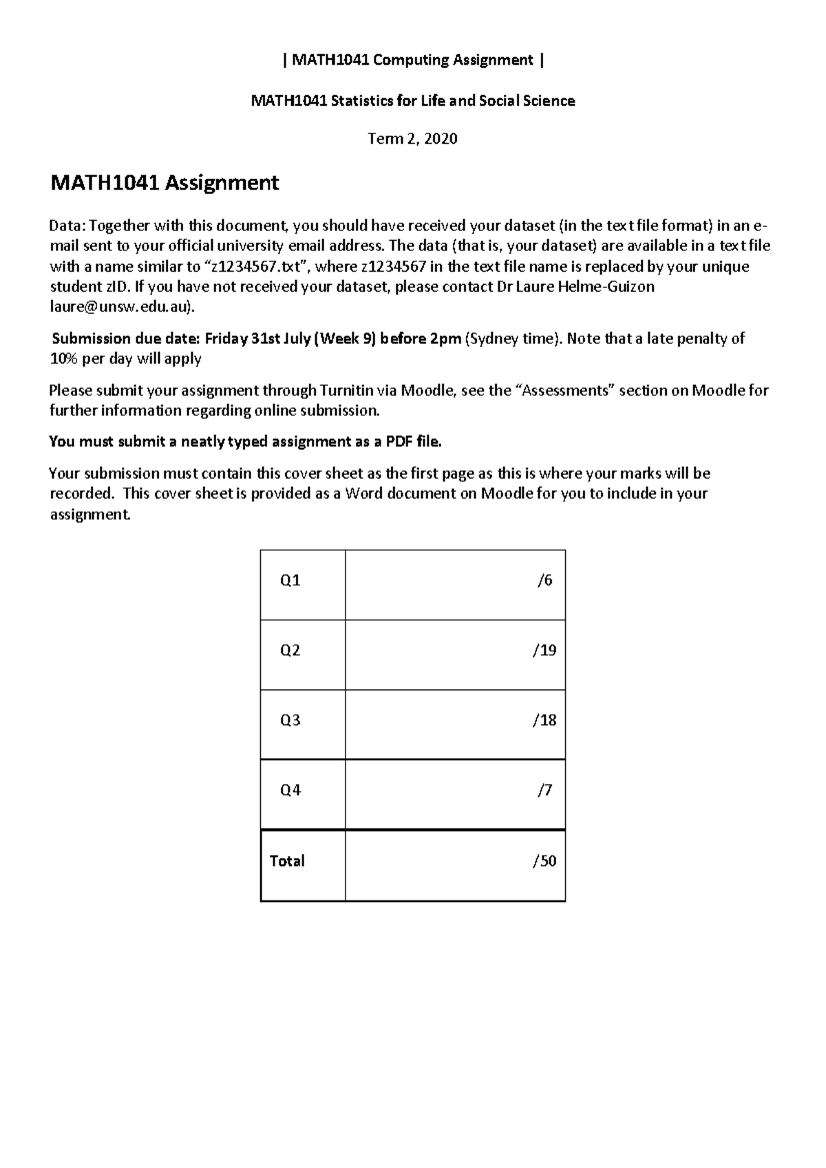 MATH1041 - Computing assignment - MATH1041 Statistics for Life and ...
