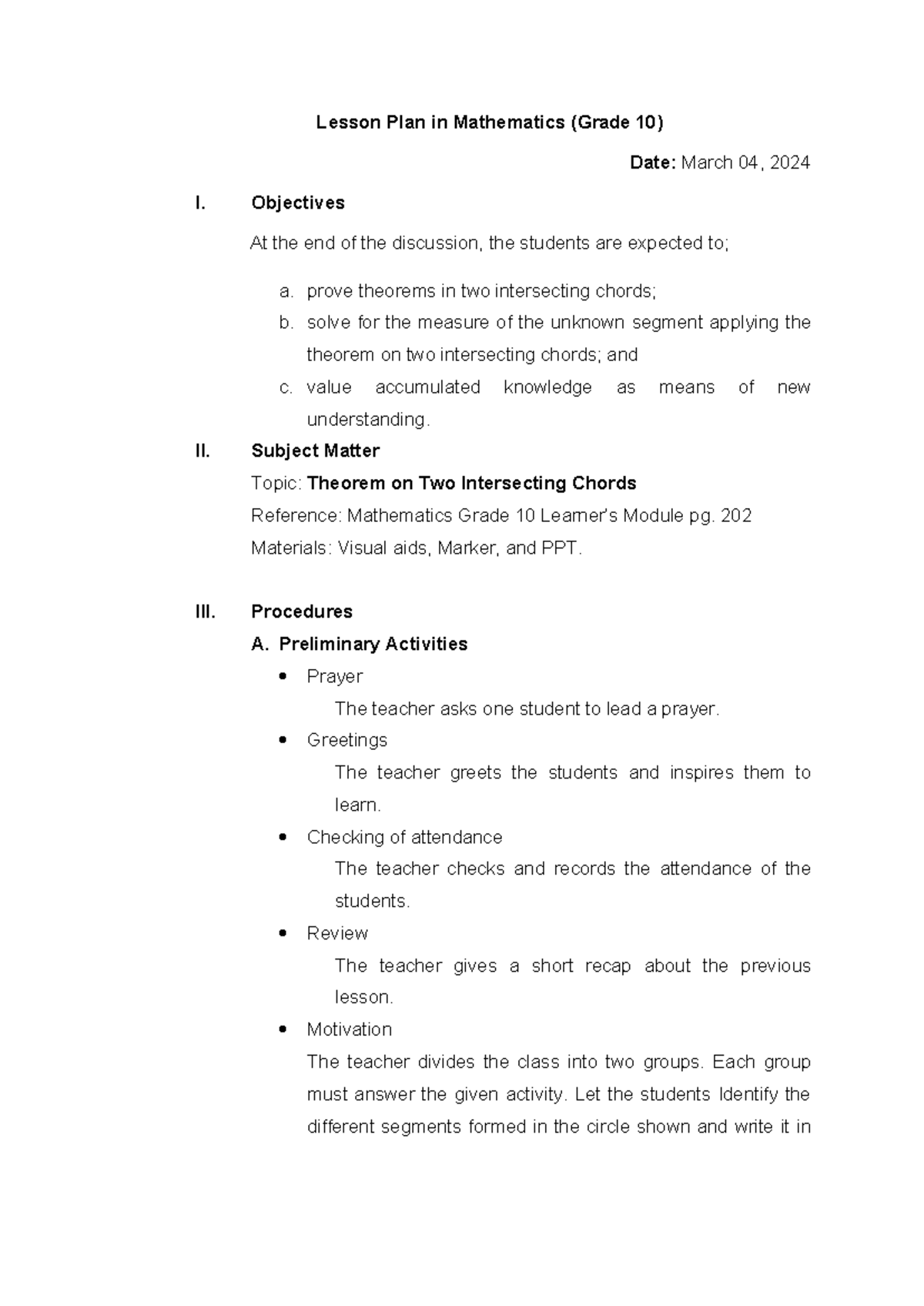 Lesson plan for mathematics (Grade 10) on intersecting chords - Studocu