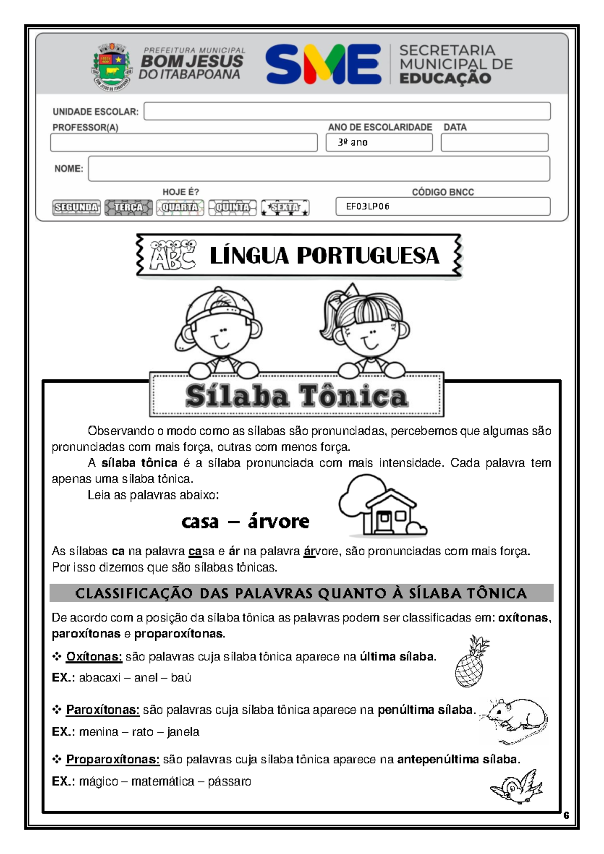 Atividades de Sílaba Tônica - 3º ano EF03LP06 - Studocu