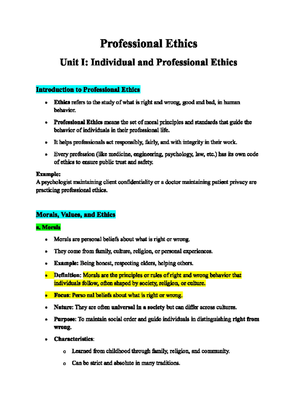 Pro Ethics Unit I: Understanding Individual & Professional Ethics - Studocu